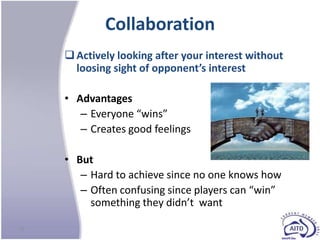 Collaboration
      Actively looking after your interest without
       loosing sight of opponent’s interest

     • Advantages
        – Everyone “wins”
        – Creates good feelings

     • But
        – Hard to achieve since no one knows how
        – Often confusing since players can “win”
          something they didn’t want

26
 