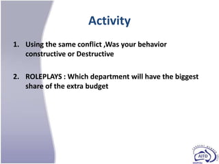 Activity
1. Using the same conflict ,Was your behavior
   constructive or Destructive

2. ROLEPLAYS : Which department will have the biggest
   share of the extra budget
 