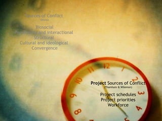 Sources of Conflict
            (Bisno)

          Biosocial
Personality and interactional
         Structural
  Cultural and ideological
        Convergence




                                Project Sources of Conflict
                                      (Thamhain & Wilemon)

                                    Project schedules
                                    Project priorities
                                       Workforce
 