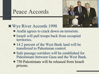 Peace Accords Wye River Accords 1998 Arafat agrees to crack down on terrorists. Israeli will pull troops back from occupied territories. 14.2 percent of the West Bank land will be transferred to Palestinian control. Safe passage corridors will be established for Palestinians between Gaza and the West Bank. 750 Palestinians will be released from Israeli prisons. 