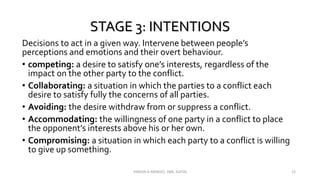 STAGE 3: INTENTIONS
Decisions to act in a given way. Intervene between people’s
perceptions and emotions and their overt behaviour.
• competing: a desire to satisfy one’s interests, regardless of the
impact on the other party to the conflict.
• Collaborating: a situation in which the parties to a conflict each
desire to satisfy fully the concerns of all parties.
• Avoiding: the desire withdraw from or suppress a conflict.
• Accommodating: the willingness of one party in a conflict to place
the opponent’s interests above his or her own.
• Compromising: a situation in which each party to a conflict is willing
to give up something.
VINSON A MENDEZ, SME, KUFOS 12
 