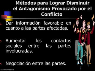Métodos para Lograr Disminuir el Antagonismo Provocado por el Conflicto  Dar información favorable en cuanto a las partes afectadas. Aumentar los contactos sociales entre las partes involucradas. Negociación entre las partes. Lic. Rosanna Silva 