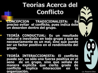 Teorías Acerca del Conflicto CONCEPCIÓN TRADICIONALISTA: Es preciso evitar  el conflicto, pues indica éste un desorden dentro del grupo. TEORÍA CONDUCTUAL: Es un resultado natural e inevitable en todo grupo y que no necesariamente es un mal, sino que puede ser un factor positivo en el rendimiento del grupo. TEORÍA INTERACCIONISTA: El conflicto puede ser, no sólo una fuerza positiva en el seno  de un grupo, sino que señala de manera explícita que cierto grado de conflicto implica interacción en la organización. Lic. Rosanna Silva 
