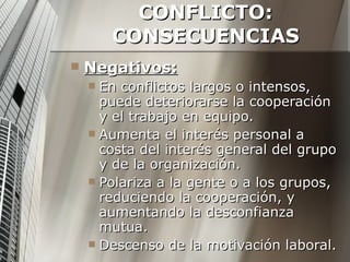 CONFLICTO: CONSECUENCIAS Negativos: En conflictos largos o intensos, puede deteriorarse la cooperación y el trabajo en equipo. Aumenta el interés personal a costa del interés general del grupo y de la organización. Polariza a la gente o a los grupos, reduciendo la cooperación, y aumentando la desconfianza mutua. Descenso de la motivación laboral. 