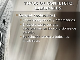 TIPOS DE CONFLICTO LABORALES Grupal (colectivo): Entre trabajadores y empresarios. El objeto suele ser una discrepancia en las condiciones de trabajo. Su solución afecta a todos los implicados. 