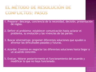 5. Conflicto manifiesto. Es el conflicto cuando las partes lo reconocen como tal. Podemos hablar de tres partes:Confrontación: es el que se dedica al enfrentamiento con el otro con la seguridad de ser injustamente tratado y a la esperanza de que la otra persona se dará cuenta del daño que está provocando. Estas sensaciones y actitudes suelen ser por ambas partes. El resultado de este enfrentamiento suele ser la reafirmación personal, pues la otra persona no suele reconocer lo que para nosotros es evidente y viceversa. Es un intento que no suele conseguir salida porque la insatisfacción es por ambas partes y en este momento ninguna de ellas está dispuesta a dar a la otra lo que necesita porque la prioridad de cada una es recibir lo que considera un derecho.Desencuentro: es cuando las personas en conflicto se alejan, se distancian, renuncian a hablar de lo que ha pasado, muchas veces no quieren ni verse y cunado se ven no se miran. En este tiempo pasan dos cosas. Por un lado hay una necesidad de distancia, de madurar internamente lo que a pasado, de estar solo para mirarse uno mismo. La rabia se transforma poco a poco. Por otro lado hay deseo de castigar a la otra parte, de privarle de nosotros, de ver si el otro cede aún sabiendo que no pasará. Reencuentro: comienza con la necesidad de afrontar lo que ha pasado. Las partes empiezan a acercarse. El conflicto está igual pero está más presente la necesidad del otro. Hay una cierta conciencia de la responsabilidad personal en el conflicto. En estas condiciones se puede empezar a afrontar la resolución.