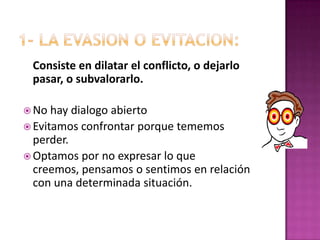 1- LA EVASION O EVITACION:Consiste en dilatar el conflicto, o dejarlo pasar, o subvalorarlo.No hay dialogo abiertoEvitamos confrontar porque tememos perder. Optamos por no expresar lo que creemos, pensamos o sentimos en relación con una determinada situación.