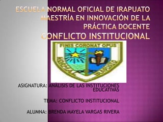 ESCUELA NORMAL OFICIAL DE IRAPUATO MAESTRÍA EN INNOVACIÓN DE LA PRÁCTICA DOCENTECONFLICTO INSTITUCIONAL ASIGNATURA: ANÀLISIS DE LAS INSTITUCIONES EDUCATIVAS TEMA: CONFLICTO INSTITUCIONAL ALUMNA: BRENDA MAYELA VARGAS RIVERA  