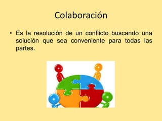Colaboración
• Es la resolución de un conflicto buscando una
  solución que sea conveniente para todas las
  partes.
 