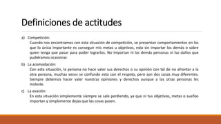 Definiciones de actitudes
a) Competición:
Cuando nos encontramos con esta situación de competición, se presentan comportamientos en los
que lo único importante es conseguir mis metas u objetivos, esto sin importar los demás o sobre
quien tenga que pasar para poder lograrlos. No importan ni las demás personas ni lso daños que
pudiéramos ocasionar.
b) La acomodación:
Con esta situación, la persona no hace valer sus derechos o su opinión con tal de no afrontar a la
otra persona, muchas veces se confunde esto con el respeto, pero son dos cosas muy diferentes.
Siempre debemos hacer valer nuestras opiniones y derechos aunque a las otras personas les
moleste.
c) La evasión:
En esta situación simplemente siempre se sale perdiendo, ya que ni tus objetivos, metas o sueños
importan y simplemente dejas que las cosas pasen.
 
