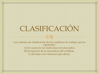 
CLASIFICACIÓN
Los criterios de clasificación de los conflictos de trabajo son los
siguientes:
A) En razón de los individuos involucrados;
B) En función de la naturaleza del conflicto.
C) En base a los intereses que afecta.
 
