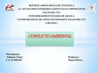 REPUBLICA BOLIVARIANA DE VENEZUELA
A.C. DE ESTUDIOS SUPERIORES GERENCIALES CORPORATIVOS
VALLES DEL TUY
UNIVERSIDAD BICENTENARIA DE ARAGUA
CENTRO REGIONAL DE APOYO TECNOLOGICO VALLES DEL TUY
(CREATEC)
Profesora :
Mayira Bravo
Participante:
Yohanny Ginez
C.I: 21.408.345
 