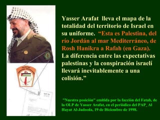 Yasser Arafat  lleva el mapa de la totalidad del territorio de Israel en su uniforme.  “Esta es Palestina, del río Jordán al mar Mediterráneo, de Rosh Hanikra a Rafah (en Gaza).   La diferencia entre las expectativas palestinas y la conspiración israelí llevará inevitablemente a una colisión.”  "Nuestra posición" emitida por la facción del Fatah, de la OLP de Yasser Arafat, en el periódico del PAP ֱ  Al Hayat Al-Jadeeda, 19 de Diciembre de 1998. 