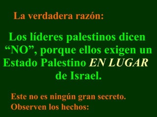 Los líderes palestinos dicen  “NO”,  porque ellos exigen un Estado Palestino  EN LUGAR   de  Israel. Este no es ningún gran secreto . Observen los hechos : La verdadera razón: 
