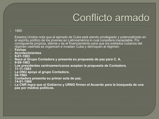 Conflicto armado1960Estados Unidos nota que el ejemplo de Cuba está siendo privilegiado y potencializado en el espíritu político de los jóvenes en Latinoamérica lo cual considera inaceptable. Por consiguiente propicia, alienta y da el financiamiento para que los exiliados cubanos del régimen castrista se organicen e invadan Cuba y derroquen al régimen.FechasAcontecimientos9-01-1983Nace el Grupo Contadora y presenta su propuesta de paz para C. A. 9-09-1983 Los presidentes centroamericanos aceptan la propuesta de Contadora.11-11-1983 La ONU apoya al grupo Contadora.04-1984 Contadora presenta su primer acta de paz.14-01-1986 La CNR logra que el Gobierno y URNG firmen el Acuerdo para la búsqueda de una paz por medios políticos.