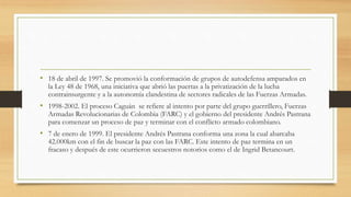 • 18 de abril de 1997. Se promovió la conformación de grupos de autodefensa amparados en
la Ley 48 de 1968, una iniciativa que abrió las puertas a la privatización de la lucha
contrainsurgente y a la autonomía clandestina de sectores radicales de las Fuerzas Armadas.
• 1998-2002. El proceso Caguán se refiere al intento por parte del grupo guerrillero, Fuerzas
Armadas Revolucionarias de Colombia (FARC) y el gobierno del presidente Andrés Pastrana
para comenzar un proceso de paz y terminar con el conflicto armado colombiano.
• 7 de enero de 1999. El presidente Andrés Pastrana conforma una zona la cual abarcaba
42.000km con el fin de buscar la paz con las FARC. Este intento de paz termina en un
fracaso y después de este ocurrieron secuestros notorios como el de Ingrid Betancourt.
 