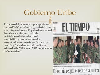 
Gobierno Uribe
El fracaso del proceso y la percepción de
que las FARC se habían engrandecido con
una retaguardia en el Caguán desde la cual
lanzaban sus ataques, realizaban
actividades relacionadas con el
narcotráfico y concentraban a los
secuestrados, fue uno de los factores que
contribuyó a la elección del candidato
Álvaro Uribe Vélez en el 2002, considerado
de "mano dura".
 
