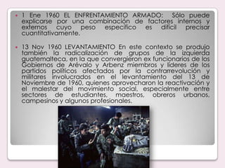 1 Ene 1960 EL ENFRENTAMIENTO ARMADO:  Sólo puede explicarse por una combinación de factores internos y externos cuyo peso específico es difícil precisar cuantitativamente.13 Nov 1960 LEVANTAMIENTO En este contexto se produjo también la radicalización de grupos de la izquierda guatemalteca, en la que convergieron ex funcionarios de los Gobiernos de Arévalo y Arbenz miembros y líderes de los partidos políticos afectados por la contrarrevolución y militares involucrados en el levantamiento del 13 de Noviembre de 1960, quienes aprovecharon la reactivación y el malestar del movimiento social, especialmente entre sectores de estudiantes, maestros, obreros urbanos, campesinos y algunos profesionales.
