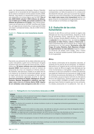 parte, los llamamientos de Georgia, Kenya y Pakistán                rando que los niveles de desprotección de la población
surgieron de la necesidad de dar respuesta al impacto               correspondían a la falta de avances en la consecución
de la violencia armada en dichos países durante 2008.               del desarrollo del país, pero que no reunían las caracte-
Además, Iraq realizó un llamamiento anual en febrero                rísticas de una crisis humanitaria. Por otra parte, Pakis-
que respondía a la misma lógica que los CAP. Para el                tán surgió como nueva crisis humanitaria debido a la
año 2009 OCAH solicitó 7.000 millones de dólares,                   grave situación de desplazamiento generada por el con-
casi el doble que en 2008, para prestar asistencia a 30             flicto armado en la frontera con Afganistán.
millones de personas en 31 países. Iraq y Kenya apare-
cieron por primera vez en los CAP, mientras que Sudán
fue, por segunda vez consecutiva, el país que solicitaba
una mayor cantidad de fondos, más de 2.000 millones                 5.2. Evolución de las crisis
de dólares.                                                         humanitarias
Cuadro 5.1. Países con crisis humanitarias durante                  Durante el año África continuó siendo la región más
2008                                                                afectada por las crisis humanitarias, alojando a 19 de
                                                                    las 36 existentes (52%), seguida por Asia Pacífico
 Afganistán           Iraq                 RD Congo                 (22%), Europa, Oriente Medio y América. En cuanto a
 Armenia              Kenya                RPD Corea                la evolución de las diversas crisis, las relativas mejoras
 Azerbaiyán           Lesotho              Rusia                    alcanzadas en Côte d’Ivoire, Liberia o Timor-Leste se
 Burundi              Liberia              Sierra Leona             vieron ensombrecidas por el impacto de la inseguridad
 Chad                 Malí                 Somalia
                                                                    alimentaria en los tres países. Escenarios como RD
 Colombia             Mauritania           Sri Lanka
 Côte d’Ivoire        Myanmar              Sudán
                                                                    Congo, Sri Lanka, Palestina, Haití, Myanmar o Zimbab-
 Eritrea              Nepal                Swazilandia              we experimentaron un claro deterioro respecto a 2007.
 Etiopía              Níger                Timor-Leste              La situación de países como Sudán, Iraq o Sierra
 Filipinas            Pakistán             Uganda                   Leona, se mantuvo estable durante 2008 aunque den-
 Georgia              Palestina            Yemen                    tro de la gravedad.
 Haití                R. Centroafricana    Zimbabwe

                                                                    África
Haciendo una valoración de los datos obtenidos por los
cuatro indicadores a partir de la información recogida              Los efectos combinados de los desastres naturales, el
durante el año por la Escola de Cultura de Pau, se con-             aumento de los precios de los alimentos, la inestabili-
sidera que 36 países sufrieron una crisis humanitaria               dad política y el impacto de los conflictos armados vol-
durante 2008, disminuyendo en ocho el número de                     vieron a hacer de África la región más afectada por las
situaciones de crisis con respecto al informe anterior.             crisis humanitarias a nivel global. La inseguridad ali-
No obstante, este descenso notable no se debe asociar               mentaria no sólo hizo aumentar el número de personas
a la mejora en la situación humanitaria global, ya que              que padecían hambruna sino que puso en riesgo la vida
la mayor parte de las crisis evaluadas en este capítulo             de millones de personas afectadas por el VIH/SIDA en
se vieron seriamente agravadas durante el año. La                   el continente, ya que la buena nutrición es vital para la
situación humanitaria en Angola, Madagascar, Guinea,                eficacia del tratamiento. Diversos organismos regiona-
Tanzania, Rwanda, Bangladesh e Indonesia, que figu-                 les, como el SADC, ECOWAS y la IGAD, crearon estrate-
raban como crisis en el informe Alerta 2008, dejaron                gias para hacer frente al impacto que la crisis alimenta-
de ser señaladas como emergencia este año conside-                  ria estaba provocando en la población. Aun así, el



Cuadro 5.2. Radiografía de crisis humanitarias destacadas en 2008

  ÁFRICA:
  • Chad: Los ataques contra el personal humanitario obligaron a la suspensión de sus labores e incrementaron la desprotec-
    ción de desplazados y refugiados en el este.
  • Zimbabwe: La mitad de la población dependió de la asistencia alimentaria externa para cubrir sus necesidades.
  AMÉRICA:
  • Haití: Los efectos de la sucesión de ciclones hundieron al país en la inseguridad alimentaria generándose las primeras
    muertes por desnutrición.
  ASIA Y PACÍFICO:
  • Afganistán: La extensión de la violencia a otras zonas, más allá del sur del país, provocó que miles de refugiados retorna-
    dos fueran incapaces de reasentarse, convirtiéndose en desplazados internos.
  • Pakistán: Las organizaciones humanitarias alertaron del difícil acceso a las zonas más afectadas por la violencia en la Pro-
    vincia de la Frontera Noroccidental, donde el 60% de la población se vio obligada a desplazarse este año.
  EUROPA:
  • Georgia: El conflicto ruso-georgiano iniciado en Osetia del Sur generó una nueva crisis humanitaria en Europa.
  ORIENTE MEDIO:
  • Palestina: El bloqueo económico de Israel contra Gaza constituyó una violación del Derecho Internacional Humanitario y fue
    calificado de “castigo colectivo” por Naciones Unidas.



108 Alerta 2009
 