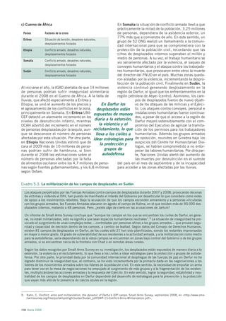 c) Cuerno de África                                                    En Somalia la situación de conflicto armado llevó a que
                                                                       prácticamente la mitad de la población, 3,25 millones
  Países         Factores de la crisis                                 de personas, dependiera de la asistencia exterior, un
                                                                       77% más que a comienzos de año. En este sentido, un
  Eritrea        Situación de tensión, desastres naturales,
                                                                       grupo de 52 ONG realizó un llamamiento a la comuni-
                 desplazamientos forzados
                                                                       dad internacional para que se comprometiera con la
  Etiopía        Conflicto armado, desastres naturales,                protección de la población civil, recordando que las
                 desplazamientos forzados                              cifras de desplazados internos superaban el millón y
                                                                       medio de personas. A su vez, el trabajo humanitario se
  Somalia        Conflicto armado, desastres naturales,
                                                                       vio seriamente afectado por la violencia, el saqueo de
                 desplazamientos forzados
                                                                       convoyes humanitarios y el ataque contra los trabajado-
  Sudán          Conflicto armado, desastres naturales,                res humanitarios, que provocaron entre otros la muerte
                 desplazamientos forzados                              del director del PNUD en el país. Muchas zonas queda-
                                                                       ron aisladas por la violencia, incrementando la despro-
                                                                       tección de la población civil. Finalmente en Sudán, la
Al iniciarse el año, la IGAD alertaba de que 14 millones               violencia continuó generando desplazamiento en la
de personas podrían sufrir inseguridad alimentaria                     región de Darfur, al igual que los enfrentamientos en la
durante el 2008 en el Cuerno de África. A la falta de                  región petrolera de Abyei (centro). Asimismo, los cam-
lluvias, que afectó especialmente a Eritrea y                                      pos de desplazados fueron de nuevo objeti-
Etiopía, se unió el aumento de los precios y                  En Darfur los        vo de los ataques de las milicias y el Ejérci-
el agravamiento de los conflictos en la zona, desplazados están to. Los ataques contra convoyes, personal e
principalmente en Somalia. En Eritrea UNI- expuestos de manera instalaciones humanitarias fueron continua-
CEF detectó un alarmante incremento en los                                         dos, a pesar de que el acceso a la región de
niveles de desnutrición infantil, mientras
                                                         diaria a la extorsión, Darfur mejoró ostensiblemente con el com-
OCAH advirtió del incremento en el número                   la violencia y el      promiso del Ejecutivo de agilizar la tramita-
de personas desplazadas por la sequía, aun- reclutamiento, lo que ción de los permisos para los trabajadores
que se desconoce el número de personas lleva a los civiles a humanitarios. Además los grupos armados
afectadas por esta situación. Por otra parte, idear estrategias para de oposición, reunidos en Ginebra bajo los
en Etiopía Naciones Unidas estimó que de                                           auspicios del Centre for Humanitarian Dia-
                                                             la protección y
cara al 2009 más de 10 millones de perso-                                          logue, se habían comprometido a no entor-
nas podrían sufrir de hambruna, si bien                         grupos de          pecer las labores humanitarias. Por otra par-
durante el 2008 las estimaciones sobre el                      autodefensa         te, Naciones Unidas alertó del aumento de
número de personas afectadas por la falta                                          las muertes por desnutrición en el sureste
de alimentos oscilaron entre los 4,7 millones de perso-                del país en el mes de septiembre y de la incapacidad
nas según fuentes gubernamentales, y los 6,8 millones                  para acceder a las zonas afectadas por las lluvias.
según Oxfam.


Cuadro 5.3. La militarización de los campos de desplazados en Sudán

  Los ataques perpetrados por las Fuerzas Armadas contra campos de desplazados durante 2007 y 2008, provocando decenas
  de víctimas y violando el DIH, han puesto de manifiesto el interés del Gobierno por desarticular lo que considera como redes
  de apoyo a los movimientos rebeldes. Bajo la acusación de que los campos esconden armamento y a personas vinculadas
  con los grupos armados, las Fuerzas Armadas atacaron en agosto el campo de Kalma, en el que residen más de 90.000 des-
  plazados internos, matando a 48 personas. Pero, ¿existe algo de cierto en las acusaciones de Jartum?

  Un informe de Small Arms Survey concluye que “aunque los campos en los que se encuentran los civiles de Darfur, en gene-
  ral, no están militarizados, esto no significa que sean espacios humanitarios neutrales”.9 La situación de inseguridad ha pro-
  vocado el surgimiento de unas complejas redes —controladas por personas afines a los grupos armados— que proveen segu-
  ridad y capacidad de decisión dentro de los campos, a cambio de lealtad. Según datos del Consejo de Derechos Humanos,
  existen 81 campos de desplazados en Darfur, de los cuales sólo 21 han sido planificados, siendo los restantes improvisados
  en mayor o menor grado. El grado de vulnerabilidad de sus residentes a la actividad armada, y a la militarización como medio
  para la autodefensa, varía dependiendo de si estos campos se encuentran en zonas bajo control del Gobierno o de los grupos
  armados, si se encuentran cerca de la frontera con Chad o en remotas áreas rurales.

  Según los datos recogidos por Small Arms Survey en su investigación, los desplazados están expuestos de manera diaria a la
  extorsión, la violencia y el reclutamiento, lo que lleva a los civiles a idear estrategias para la protección y grupos de autode-
  fensa. Por otra parte, la prioridad dada por la comunidad internacional al despliegue de las fuerzas de paz en Darfur no ha
  logrado disminuir la inseguridad que, al contrario, se ha visto incrementada por la primacía dada en las negociaciones a los
  líderes de los movimientos armados sobre los líderes de la población civil. En este sentido, la necesidad de empuñar un arma
  para tener voz en la mesa de negociaciones ha empujado al surgimiento de más grupos y a la fragmentación de los existen-
  tes, multiplicándose las acciones armadas y la respuesta del Ejército. En este sentido, lograr la seguridad, estabilidad y neu-
  tralidad de los campos de desplazados en Darfur dependerá del desarrollo de estrategias para la prevención y la protección
  que vayan más allá de la presencia de cascos azules en la región.



9. Kahn, C. Conflict, arms and militarization: the dynamic of Darfur’s IDP camps. Small Arms Survey, septiembre 2008, en <http://www.sma-
   llarmssurvey.org/files/portal/spotlight/sudan/Sudan_pdf/SWP-15-Conflict-Arms-Militarization.pdf>.



110 Alerta 2009
 