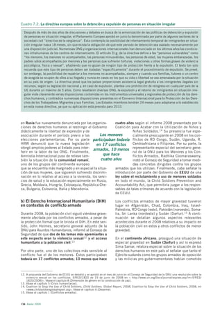 Cuadro 7.2. La directiva europea sobre la detención y expulsión de personas en situación irregular

  Después de más de dos años de discusiones y debates en busca de la armonización de las políticas de detención y expulsión
  de personas en situación irregular, el Parlamento Europeo aprobó en junio la denominada por parte de algunos sectores de la
  sociedad civil “directiva de la vergüenza”. Ésta contempla la posibilidad de internamiento temporal de inmigrantes en situa-
  ción irregular hasta 18 meses, sin que exista la obligación de que este periodo de detención sea avalado necesariamente por
  una disposición judicial. Numerosas ONG y organizaciones internacionales han denunciado en los últimos años las condicio-
  nes infrahumanas de los centros de internamiento. El artículo 3) g. de la directiva define a las “personas vulnerables” como
  “los menores, los menores no acompañados, las personas minusválidas, las personas de edad, las mujeres embarazadas, los
  padres solos acompañados por menores y las personas que sufrieron torturas, violaciones u otras formas graves de violencia
  psicológica, física o sexual”, añadiendo que no gozan de ningún tipo de protección frente a la expulsión. El texto tan solo
  recuerda que este tipo de personas deben ser tratadas “específicamente” durante el procedimiento de expulsión. Se prevé,
  sin embargo, la posibilidad de repatriar a los menores no acompañados, siempre y cuando sus familias, tutores o un centro
  de acogida se ocupen de ellos a su llegada y nunca en casos en los que su vida o libertad se vea amenazada por la situación
  en su país de origen. La directiva prevé que los países proporcionen asistencia legal gratuita a los inmigrantes ilegales sin
  recursos, según su legislación nacional y, en caso de expulsión, plantea una prohibición de reingreso en cualquier país de la
  UE durante un máximo de 5 años. Como resaltaron diversas ONG, la expulsión y el retorno de inmigrantes en situación irre-
  gular viola claramente varias disposiciones contenidas en los instrumentos universales y regionales de protección de los dere-
  chos humanos, y contradice numerosas disposiciones presentes en el Convenio Internacional para la Protección de los Dere-
  chos de los Trabajadores Migrantes y sus Familias. Los Estados miembros tendrán 24 meses para adaptarse a lo establecido
  en esta nueva directiva, ya que su aplicación está prevista para 2010.




en Rusia fue nuevamente denunciada por las organiza-        cuatro años según el informe 2008 presentado por la
ciones de derechos humanos al restringir el Gobierno        Coalición para Acabar con la Utilización de Niños y
drásticamente la libertad de expresión y de                            Niñas Soldados.14 Su presencia fue espe-
asociación durante el período previo a las          Los menores        cialmente preocupante en 2008 en los con-
elecciones parlamentarias. Por su parte participaban todavía flictos de RD Congo, Sudán, Uganda, R.
HRW denunció que la nueva legislación             en 17 conflictos     Centroafricana o Filipinas. Por su parte, la
otorgó amplios poderes al Estado para inter-
                                               armados, 10 menos representante especial del secretario gene-
ferir en la labor de las ONG. Finalmente,                              ral de la ONU para los Menores y los Con-
Amnistía Internacional puso de relieve tam-           que hace         flictos Armados, Radhika Coomaraswamy,
bién la situación de la comunidad romaní,           cuatro años        instó al Consejo de Seguridad a tomar medi-
uno de los grupos del continente europeo                               das concretas dirigidas contra los grupos
que se encuentra más marginado y en especial la situa-      armados que los utilizan. Finalmente, cabe señalar la
ción de sus mujeres, que siguieron sufriendo discrimi-      introducción por parte del Gobierno de EEUU de una
nación en lo relativo al acceso a la vivienda, los servi-   ley sobre el reclutamiento y uso de menores soldados
cios de salud y la educación especialmente en Rusia,        en todo el mundo, la Child Soldiers Prevention and
Grecia, Moldavia, Hungría, Eslovaquia, República Che-       Accountability Act, que permitiría juzgar a los respon-
ca, Bulgaria, Eslovenia, Italia y Macedonia.                sables de tales crímenes de acuerdo con la legislación
                                                            de EEUU.

b) El Derecho Internacional Humanitario (DIH)                           Los conflictos armados de mayor gravedad tuvieron
en contextos de conflicto armado                                        lugar en Afganistán, Chad, Colombia, Iraq, Israel-
                                                                        Palestina, RD Congo (este), Pakistán (noroeste), Soma-
Durante 2008, la población civil siguió viéndose grave-                 lia, Sri Lanka (nordeste) y Sudán (Darfur).15 A conti-
mente afectada por los conflictos armados, a pesar de                   nuación se detallan algunos aspectos relevantes
la protección formal que le brinda el DIH. En este sen-                 acontecidos durante el 2008 relativos a su impacto en
tido, John Holmes, secretario general adjunto de la                     la población civil en estos y otros conflictos de menor
ONU para Asuntos Humanitarios, informó al Consejo de                    gravedad.
Seguridad de que dos de los temas más apremiantes a
este respecto eran la violencia sexual12 y el acceso                    En el continente africano, prosiguió una situación de
humanitario a la población civil.13                                     especial gravedad en Sudán (Darfur) y así lo expresó
                                                                        Sima Samar, relatora especial sobre la situación de los
Por otra parte, uno de los colectivos más sensible al                   derechos humanos en este país al señalar que tanto el
conflicto fue el de los menores. Éstos participaban                     Ejército sudanés como los grupos armados de oposición
todavía en 17 conflictos armados, 10 menos que hace                     y las milicias pro gubernamentales habían cometido



12. A propuesta del Gobierno de EEUU se debatió y se aprobó en el mes de junio en el Consejo de Seguridad de la ONU una resolución sobre la
    violencia sexual en los conflictos. S/RES/1820 de 19 de junio de 2008 en < http://www.un.org/Docs/journal/asp/ws.asp?m=S/RES/
    1820(2008)>. Véase el capítulo 8 (Dimensión de género en la construcción de paz).
13. Véase el capítulo 5 (Crisis humanitarias).
14. Coalition to Stop the Use of Child Soldiers, Child Soldiers. Global Report, 2008, Coalition to Stop the Use of Child Soldiers, 2008, en
    <www.childsoldiersglobalreport.org>. Véase el capítulo 6 (Desarme).
15. Véase el capítulo 1 (Conflictos armados).



134 Alerta 2009
 