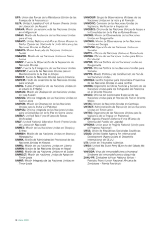 UFR: Union des Forces de la Résistance (Unión de las     UNMOGIP: Grupo de Observadores Militares de las
  Fuerzas de la Resistencia)                                Naciones Unidas en la India y el Pakistán
ULFA: United Liberation Front of Assam (Frente Unido     UNMOVIC: Comisión de las Naciones Unidas de
  de Liberación de Assam)                                   Vigilancia, Verificación e Inspección
UNAMA: Misión de asistencia de las Naciones Unidas       UNOGBIS: Oficina de las Naciones Unidas de Apoyo a
  en el Afganistán                                          la Consolidación de la Paz en Guinea-Bissau
UNAMI: Misión de Asistencia de las Naciones Unidas       UNOMB: Misión de Observadores de las Naciones
  para el Iraq                                              Unidas en Bougainville
UNAMID: United Nations and African Union Mission in      UNOMIG: Misión de Observadores de las Naciones
  Darfur (Operación híbrida de la Unión Africana y las      Unidas en Georgia
  Naciones Unidas en Darfur)                             UNOSOM: Operación de las Naciones Unidas en
UNAMIS: Misión Avanzada de Naciones Unidas en               Somalia
  Sudán                                                  UNOTIL: Oficina de Naciones Unidas en Timor-Leste
UNAMSIL: Misión de las Naciones Unidas en Sierra         UNOWA: Oficina de las Naciones Unidas para África
  Leona                                                     Occidental
UNDOF: Fuerza de Observación de la Separación de         UNPOB: Oficina Política de las Naciones Unidas en
  Naciones Unidas                                           Bougainville
UNEF: Fuerza de Emergencia de las Naciones Unidas        UNPOS: Oficina Política de las Naciones Unidas para
UNFICYP: Fuerza de las Naciones Unidas para el              Somalia
  Mantenimiento de la Paz en Chipre                      UNPPB: Misión Política y de Construcción de Paz de
UNICEF: Fondo de Naciones Unidas para la Infancia           las Naciones Unidas
UNIFEM: Fondo de Desarrollo de las Naciones Unidas       UNRRCA: Centro Regional para Diplomacia Preventiva
  para la Mujer                                             de las Naciones Unidas en Asia Central
UNIFIL: Fuerza Provisional de las Naciones Unidas en     UNRWA: Organismo de Obras Públicas y Socorro de las
  el Líbano (o FPNUL)                                       Naciones Unidas para los Refugiados de Palestina
UNIKOM: Misión de Observación de Naciones Unidas            en el Oriente Próximo
  en Iraq-Kuwait                                         UNSCO: Oficina del Coordinador Especial de las
UNIOSIL: Oficina Integrada de las Naciones Unidas en        Naciones Unidas para el Proceso de Paz en Oriente
  Sierra Leona                                              Medio
UNIPOM: Misión de Observación de las Naciones            UNTAC: Misión de Naciones Unidas en Camboya
  Unidas para la India y el Pakistán                     UNTAET: Administración de Transición de las Naciones
UNIPSIL: Oficina Integrada de las Naciones Unidas           Unidas en Timor-Leste
  para la Consolidación de la Paz en Sierra Leona        UNTSO: Organismo de las Naciones Unidas para la
UNITAF: Unified Task Force (Fuerza de Tareas                Vigilancia de la Tregua (en Palestina)
  Unificadas)                                            UPDF: Uganda People’s Defence Force (Fuerza de
UNLF: United National Liberation Front (Frente Unido        Defensa del Pueblo de Uganda)
  de Liberación Nacional)                                UPRONA: Union pour le Progrès National (Unión para
UNMEE: Misión de las Naciones Unidas en Etiopía y           el Progreso Nacional)
  Eritrea                                                URSS: Unión de Repúblicas Socialistas Soviéticas
UNMIBH: Misión de las Naciones Unidas en Bosnia y        USAID: United States Agency for International
  Herzegovina                                               Development (Agencia para el Desarrollo
UNMIK: Misión de Administración Provisional de las          Internacional de EEUU)
  Naciones Unidas en Kosovo                              UTI: Unión de Tribunales Islámicos
UNMIL: Misión de las Naciones Unidas en Liberia          UWSA: United Wa State Army (Ejército del Estado Wa
UNMIN: Misión de las Naciones Unidas en Nepal               Unido)
UNMIS: Misión de las Naciones Unidas en el Sudán         VIH/SIDA: Virus de Inmunodeficiencia Humana/
UNMISET: Misión de Naciones Unidas de Apoyo en              Síndrome de Inmunodeficiencia Adquirida
  Timor-Leste                                            ZANU-PF: Zimbabwe African National Union –
UNMIT: Misión Integrada de las Naciones Unidas en           Patriotic Front (Unión Nacional Africana de
  Timor-Leste                                               Zimbabwe – Frente Patriótico)




16 Alerta 2009
 