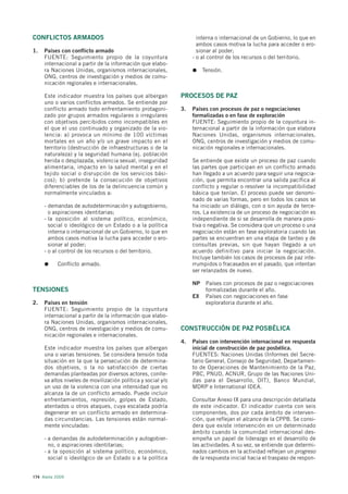 CONFLICTOS ARMADOS                                                   interna o internacional de un Gobierno, lo que en
                                                                     ambos casos motiva la lucha para acceder o ero-
1.   Países con conflicto armado                                     sionar al poder;
     FUENTE: Seguimiento propio de la coyuntura                    - o al control de los recursos o del territorio.
     internacional a partir de la información que elabo-
     ra Naciones Unidas, organismos internacionales,                    Tensión.
     ONG, centros de investigación y medios de comu-
     nicación regionales e internacionales.

     Este indicador muestra los países que albergan           PROCESOS DE PAZ
     uno o varios conflictos armados. Se entiende por
     conflicto armado todo enfrentamiento protagoni-          3.   Países con procesos de paz o negociaciones
     zado por grupos armados regulares o irregulares               formalizadas o en fase de exploración
     con objetivos percibidos como incompatibles en                FUENTE: Seguimiento propio de la coyuntura in-
     el que el uso continuado y organizado de la vio-              ternacional a partir de la información que elabora
     lencia: a) provoca un mínimo de 100 víctimas                  Naciones Unidas, organismos internacionales,
     mortales en un año y/o un grave impacto en el                 ONG, centros de investigación y medios de comu-
     territorio (destrucción de infraestructuras o de la           nicación regionales e internacionales.
     naturaleza) y la seguridad humana (ej. población
     herida o desplazada, violencia sexual, inseguridad            Se entiende que existe un proceso de paz cuando
     alimentaria, impacto en la salud mental y en el               las partes que participan en un conflicto armado
     tejido social o disrupción de los servicios bási-             han llegado a un acuerdo para seguir una negocia-
     cos); b) pretende la consecución de objetivos                 ción, que permita encontrar una salida pacífica al
     diferenciables de los de la delincuencia común y              conflicto y regular o resolver la incompatibilidad
     normalmente vinculados a:                                     básica que tenían. El proceso puede ser denomi-
                                                                   nado de varias formas, pero en todos los casos se
     - demandas de autodeterminación y autogobierno,               ha iniciado un diálogo, con o sin ayuda de terce-
       o aspiraciones identitarias;                                ros. La existencia de un proceso de negociación es
     - la oposición al sistema político, económico,                independiente de si se desarrolla de manera posi-
       social o ideológico de un Estado o a la política            tiva o negativa. Se considera que un proceso o una
       interna o internacional de un Gobierno, lo que en           negociación están en fase exploratoria cuando las
       ambos casos motiva la lucha para acceder o ero-             partes se encuentran en una etapa de tanteo y de
       sionar al poder;                                            consultas previas, sin que hayan llegado a un
     - o al control de los recursos o del territorio.              acuerdo definitivo para iniciar la negociación.
                                                                   Incluye también los casos de procesos de paz inte-
           Conflicto armado.                                       rrumpidos o fracasados en el pasado, que intentan
                                                                   ser relanzados de nuevo.

                                                                   NP    Países con procesos de paz o negociaciones
TENSIONES                                                                formalizadas durante el año.
                                                                   EX    Países con negociaciones en fase
2.   Países en tensión                                                   exploratoria durante el año.
     FUENTE: Seguimiento propio de la coyuntura
     internacional a partir de la información que elabo-
     ra Naciones Unidas, organismos internacionales,
     ONG, centros de investigación y medios de comu-          CONSTRUCCIÓN DE PAZ POSBÉLICA
     nicación regionales e internacionales.
                                                              4.   Países con intervención internacional en respuesta
     Este indicador muestra los países que albergan                inicial de construcción de paz posbélica.
     una o varias tensiones. Se considera tensión toda             FUENTES: Naciones Unidas (Informes del Secre-
     situación en la que la persecución de determina-              tario General, Consejo de Seguridad, Departamen-
     dos objetivos, o la no satisfacción de ciertas                to de Operaciones de Mantenimiento de la Paz,
     demandas planteadas por diversos actores, conlle-             PBC, PNUD, ACNUR, Grupo de las Naciones Uni-
     va altos niveles de movilización política y social y/o        das para el Desarrollo, OIT), Banco Mundial,
     un uso de la violencia con una intensidad que no              MDRP e International IDEA.
     alcanza la de un conflicto armado. Puede incluir
     enfrentamientos, represión, golpes de Estado,                 Consultar Anexo IX para una descripción detallada
     atentados u otros ataques, cuya escalada podría               de este indicador. El indicador cuenta con seis
     degenerar en un conflicto armado en determina-                componentes, dos por cada ámbito de interven-
     das circunstancias. Las tensiones están normal-               ción, que reflejan el alcance de la CPPB. Se consi-
     mente vinculadas:                                             dera que existe intervención en un determinado
                                                                   ámbito cuando la comunidad internacional des-
     - a demandas de autodeterminación y autogobier-               empeña un papel de liderazgo en el desarrollo de
       no, o aspiraciones identitarias;                            las actividades. A su vez, se entiende que determi-
     - a la oposición al sistema político, económico,              nados cambios en la actividad reflejan un progreso
       social o ideológico de un Estado o a la política            de la respuesta inicial hacia el traspaso de respon-


174 Alerta 2009
 
