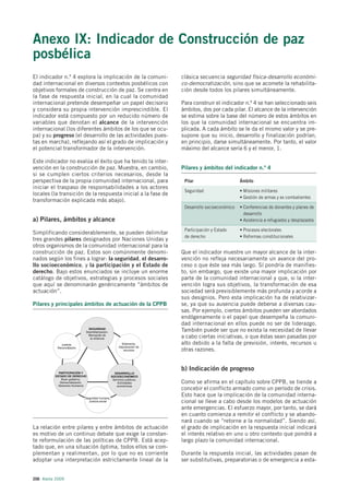Anexo IX: Indicador de Construcción de paz
posbélica
El indicador n.º 4 explora la implicación de la comuni-       clásica secuencia seguridad física-desarrollo económi-
dad internacional en diversos contextos posbélicos con        co-democratización, sino que se acomete la rehabilita-
objetivos formales de construcción de paz. Se centra en       ción desde todos los pilares simultáneamente.
la fase de respuesta inicial, en la cual la comunidad
internacional pretende desempeñar un papel decisorio          Para construir el indicador n.º 4 se han seleccionado seis
y considera su propia intervención imprescindible. El         ámbitos, dos por cada pilar. El alcance de la intervención
indicador está compuesto por un reducido número de            se estima sobre la base del número de estos ámbitos en
variables que denotan el alcance de la intervención           los que la comunidad internacional se encuentra im-
internacional (los diferentes ámbitos de los que se ocu-      plicada. A cada ámbito se le da el mismo valor y se pre-
pa) y su progreso (el desarrollo de las actividades pues-     supone que su inicio, desarrollo y finalización podrían,
tas en marcha), reflejando así el grado de implicación y      en principio, darse simultáneamente. Por tanto, el valor
el potencial transformador de la intervención.                máximo del alcance sería 6 y el menor, 1.

Este indicador no evalúa el éxito que ha tenido la inter-
vención en la construcción de paz. Muestra, en cambio,        Pilares y ámbitos del indicador n.º 4
si se cumplen ciertos criterios necesarios, desde la
perspectiva de la propia comunidad internacional, para         Pilar                       Ámbito
iniciar el traspaso de responsabilidades a los actores
                                                               Seguridad                   • Misiones militares
locales (la transición de la respuesta inicial a la fase de
                                                                                           • Gestión de armas y ex combatientes
transformación explicada más abajo).
                                                               Desarrollo socioeconómico   • Conferencias de donantes y planes de
                                                                                             desarrollo
a) Pilares, ámbitos y alcance                                                              • Asistencia a refugiados y desplazados

                                                               Participación y Estado      • Procesos electorales
Simplificando considerablemente, se pueden delimitar
                                                               de derecho                  • Reformas constitucionales
tres grandes pilares designados por Naciones Unidas y
otros organismos de la comunidad internacional para la
construcción de paz. Estos son comúnmente denomi-             Que el indicador muestre un mayor alcance de la inter-
nados según los fines a lograr: la seguridad, el desarro-     vención no refleja necesariamente un avance del pro-
llo socioeconómico, y la participación y el Estado de         ceso o que éste sea más largo. Sí pondría de manifies-
derecho. Bajo estos enunciados se incluye un enorme           to, sin embargo, que existe una mayor implicación por
catálogo de objetivos, estrategias y procesos sociales        parte de la comunidad internacional y que, si la inter-
que aquí se denominarán genéricamente “ámbitos de             vención logra sus objetivos, la transformación de esa
actuación”.                                                   sociedad será previsiblemente más profunda y acorde a
                                                              sus designios. Pero esta implicación ha de relativizar-
Pilares y principales ámbitos de actuación de la CPPB         se, ya que su ausencia puede deberse a diversas cau-
                                                              sas. Por ejemplo, ciertos ámbitos pueden ser abordados
                                                              endógenamente o el papel que desempeña la comuni-
                                                              dad internacional en ellos puede no ser de liderazgo.
                                                              También puede ser que no exista la necesidad de llevar
                                                              a cabo ciertas iniciativas, o que éstas sean pasadas por
                                                              alto debido a la falta de previsión, interés, recursos u
                                                              otras razones.


                                                              b) Indicación de progreso

                                                              Como se afirma en el capítulo sobre CPPB, se tiende a
                                                              concebir el conflicto armado como un período de crisis.
                                                              Esto hace que la implicación de la comunidad interna-
                                                              cional se lleve a cabo desde los modelos de actuación
                                                              ante emergencias. El esfuerzo mayor, por tanto, se dará
                                                              en cuanto comienza a remitir el conflicto y se abando-
                                                              nará cuando se “retorne a la normalidad”. Siendo así,
La relación entre pilares y entre ámbitos de actuación        el grado de implicación en la respuesta inicial indicará
es motivo de un continuo debate que exige la constan-         el interés relativo en uno u otro contexto que pondrá a
te reformulación de las políticas de CPPB. Está acep-         largo plazo la comunidad internacional.
tado que, en una situación óptima, todos ellos se com-
plementan y realimentan, por lo que no es corriente           Durante la respuesta inicial, las actividades pasan de
adoptar una interpretación estrictamente lineal de la         ser substitutivas, preparatorias o de emergencia a esta-


206 Alerta 2009
 