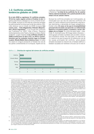 1.2. Conflictos armados:                                                         conflictos internacionales entre Georgia y Rusia e Israel
tendencias globales en 2008                                                      y Palestina,6 la mitad de los conflictos fue de carácter
                                                                                 interno internacionalizado (15) y prácticamente la otra
                                                                                 mitad (14) de carácter interno.
En el año 2008 se registraron 31 conflictos armados,
30 de los cuales seguían activos al finalizar el año (la                         Aunque los conflictos armados son multicausales, es
guerra entre Rusia y Georgia se inició y finalizó duran-                         remarcable que casi dos de cada tres conflictos (19
te el 2008). Aunque la cifra total de conflictos armados                         sobre 31) hacen referencia principalmente a aspiracio-
es prácticamente la misma que la del año anterior (30),                          nes identitarias o demandas de mayor autogobierno.
cabe destacar que el listado de 2008 incorpora tres                              Existen otros 16 casos en los que la incompatibilidad
nuevos casos —India (Nagalandia), Pakistán (Baluchis-                            principal está vinculada a la oposición a un determinado
tán) y Rusia (Ingushetia)— y no incluye tres conflictos                          Gobierno o al sistema político, económico, social o ide-
que finalizaron en 2007: Côte d’Ivoire, Palestina                                ológico de un Estado. En cinco de estos casos —Iraq,
(enfrentamientos entre Fatah y Hamas) y Líbano (Naher                            Chad, R. Centroafricana, RD Congo (este) y Somalia—,
al-Bared). La gran mayoría de los conflictos armados en                          varios grupos armados luchaban para acceder o erosio-
2008 acontecieron en Asia (14) y en África (nueve),                              nar al Gobierno central. Por otra parte, en siete de los
mientras que los restantes tuvieron lugar en Europa                              11 casos en los que la oposición al sistema era una de
(cuatro), Oriente Medio (tres) y América (uno). En todos                         las causas principales del conflicto, varios grupos
los casos sin ninguna excepción el Estado fue una de                             armados buscaban la creación de un Estado islámico o
las partes contendientes en la disputa. Aparte de los                            estaban acusados de mantener vínculos con la red al-



Gráfico 1.1. Distribución regional del número de conflictos armados

          América

     Oriente Medio

            Europa

             África

               Asia


                      0              2               4              6              8              10             12              14             16




      conflicto armado interno aquel enfrentamiento protagonizado por actores armados del mismo Estado que operan exclusivamente en y desde el
      interior del mismo. En segundo lugar, se entiende por conflicto armado interno internacionalizado aquel en el que alguna de las partes conten-
      dientes es foránea, y/o cuando el enfrentamiento se extiende al territorio de países vecinos. Para considerar un conflicto armado como inter-
      no internacionalizado también se tiene en cuenta el hecho de que los grupos armados tengan sus bases militares en los países vecinos, en con-
      nivencia con esos Estados, y lancen sus ataques desde éstos. Finalmente, se entiende por conflicto internacional aquel en el que se enfrentan
      actores estatales o no estatales de dos o más países. Por otra parte, hay que tener en cuenta que la mayoría de los conflictos armados actua-
      les tienen una importante dimensión e influencia regional o internacional debido, entre otros factores, a los flujos de personas refugiadas, al
      comercio de armas, a los intereses económicos o políticos (como la explotación legal o ilegal de recursos) que los países vecinos tienen en el
      conflicto, a la participación de combatientes extranjeros o al apoyo logístico y militar proporcionado por otros Estados.
3.    Los actores principales que intervienen en los conflictos conforman una amalgama de actores armados regulares o irregulares. Los conflictos
      suelen ser protagonizados por el Gobierno, o sus Fuerzas Armadas, contra uno o varios grupos armados de oposición, pero también pueden
      abarcar otros grupos no regulares como clanes, guerrillas, señores de la guerra, grupos armados opuestos entre sí o milicias de comunidades
      étnicas o religiosas. Aunque el instrumento bélico que más utilizan los actores es el armamento convencional, y dentro de éste las armas ligeras
      (que son las causantes de la mayoría de las víctimas mortales de los conflictos), en muchos casos se utilizan otros medios, como ataques sui-
      cidas, atentados, violencia sexual, e incluso el hambre es utilizada como instrumento de guerra.
4.    La intensidad de un conflicto armado (alta, media o baja) y su evolución (escalada de la violencia, reducción de la violencia, sin cambios) se
      evalúan principalmente a partir de su letalidad (número de víctimas) e impacto en la población y en el territorio. Asimismo, hay otras dimen-
      siones que merecen ser consideradas, como la sistematización y frecuencia de la violencia o la complejidad de la disputa bélica (la compleji-
      dad está normalmente vinculada al número y fragmentación de los actores involucrados, al nivel de institucionalización y capacidad del Esta-
      do y al grado de internacionalización del conflicto, así como a la elasticidad de los objetivos y a la voluntad política de las partes para alcanzar
      acuerdos). Por tanto, suelen considerarse conflictos armados de alta intensidad aquellos que provocan más de 1.000 víctimas mortales anua-
      les además de normalmente afectar a porciones significativas del territorio y la población e implicar a un número importante de actores (que
      establecen interacciones de alianza, confrontación o coexistencia táctica entre ellos). Los conflictos de media y baja intensidad, en los que se
      registran más de 100 víctimas mortales anuales, presentan las características anteriormente mencionadas con una menor presencia y alcan-
      ce. Se considera que un conflicto armado finaliza cuando se produce una reducción significativa y sostenida de las hostilidades armadas, bien
      sea por victoria militar, acuerdo entre los actores enfrentados, desmovilización de una de las partes o bien porque una de las partes contendien-
      tes renuncia a o limita notablemente la lucha armada como estrategia para la consecución de unos objetivos. Cualquiera de estas opciones no
      significa necesariamente la superación de las causas de fondo del conflicto armado ni cierra la posibilidad de un rebrote de la violencia. El cese
      temporal de hostilidades, formal o tácito, no implica necesariamente el fin del conflicto armado.
5.    En esta columna se compara la evolución de los acontecimientos del año actual (2008) con la del año anterior (2007), apareciendo el símbo-
      lo de escalada de la violencia ( ) si la situación general del conflicto durante 2008 es más grave que la del año anterior, el de reducción de
      la violencia ( ) si es mejor y el de sin cambios (=) si no ha experimentado cambios significativos.
6.    A pesar de que “Palestina” (cuya Autoridad Nacional Palestina es una entidad política vinculada a una determinada población y a un territo-
      rio) no es un Estado reconocido internacionalmente, se considera el conflicto entre Israel y Palestina como “internacional” y no como “inter-
      no” por tratarse de un territorio ocupado ilegalmente y cuya pretendida pertenencia a Israel no es reconocida por el Derecho Internacional ni
      por ninguna resolución de Naciones Unidas.



24 Alerta 2009
 