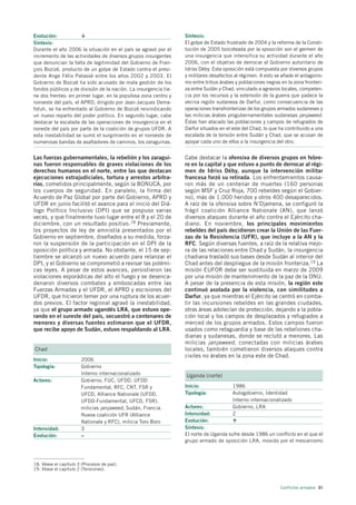 Evolución:                                                        Síntesis:
Síntesis:                                                         El golpe de Estado frustrado de 2004 y la reforma de la Consti-
Durante el año 2006 la situación en el país se agravó por el      tución de 2005 boicoteada por la oposición son el germen de
incremento de las actividades de diversos grupos insurgentes      una insurgencia que intensifica su actividad durante el año
que denuncian la falta de legitimidad del Gobierno de Fran-       2006, con el objetivo de derrocar al Gobierno autoritario de
çois Bozizé, producto de un golpe de Estado contra el presi-      Idriss Déby. Esta oposición está compuesta por diversos grupos
dente Ange Félix Patassé entre los años 2002 y 2003. El           y militares desafectos al régimen. A esto se añade el antagonis-
Gobierno de Bozizé ha sido acusado de mala gestión de los         mo entre tribus árabes y poblaciones negras en la zona fronteri-
fondos públicos y de división de la nación. La insurgencia tie-   za entre Sudán y Chad, vinculado a agravios locales, competen-
ne dos frentes: en primer lugar, en la populosa zona centro y     cia por los recursos y la extensión de la guerra que padece la
noroeste del país, el APRD, dirigido por Jean-Jacques Dema-       vecina región sudanesa de Darfur, como consecuencia de las
fotuh, se ha enfrentado al Gobierno de Bozizé reivindicando       operaciones transfronterizas de los grupos armados sudaneses y
un nuevo reparto del poder político. En segundo lugar, cabe       las milicias árabes progubernamentales sudanesas janjaweed.
destacar la escalada de las operaciones de insurgencia en el      Éstas han atacado las poblaciones y campos de refugiados de
noreste del país por parte de la coalición de grupos UFDR. A      Darfur situados en el este del Chad, lo que ha contribuido a una
esta inestabilidad se sumó el surgimiento en el noroeste de       escalada de la tensión entre Sudán y Chad, que se acusan de
numerosas bandas de asaltadores de caminos, los zaraguinas.       apoyar cada uno de ellos a la insurgencia del otro.


Las fuerzas gubernamentales, la rebelión y los zaragui-           Cabe destacar la ofensiva de diversos grupos en febre-
nas fueron responsables de graves violaciones de los              ro en la capital y que estuvo a punto de derrocar al régi-
derechos humanos en el norte, entre las que destacan              men de Idriss Déby, aunque la intervención militar
ejecuciones extrajudiciales, tortura y arrestos arbitra-          francesa forzó su retirada. Los enfrentamientos causa-
rios, cometidos principalmente, según la BONUCA, por              ron más de un centenar de muertes (160 personas
los cuerpos de seguridad. En paralelo, la firma del               según MSF y Cruz Roja, 700 rebeldes según el Gobier-
Acuerdo de Paz Global por parte del Gobierno, APRD y              no), más de 1.000 heridos y otros 400 desaparecidos.
UFDR en junio facilitó el avance para el inicio del Diá-          A raíz de la ofensiva sobre N’Djamena, se configuró la
logo Político Inclusivo (DPI) que se pospuso varias               frágil coalición Alliance Nationale (AN), que lanzó
veces, y que finalmente tuvo lugar entre el 8 y el 20 de          diversos ataques durante el año contra el Ejército cha-
diciembre, con un resultado positivo.18 Previamente,              diano. En noviembre, los principales movimientos
los proyectos de ley de amnistía presentados por el               rebeldes del país decidieron crear la Unión de las Fuer-
Gobierno en septiembre, diseñados a su medida, forza-             zas de la Resistencia (UFR), que incluye a la AN y la
ron la suspensión de la participación en el DPI de la             RFC. Según diversas fuentes, a raíz de la relativa mejo-
oposición política y armada. No obstante, el 15 de sep-           ra de las relaciones entre Chad y Sudán, la insurgencia
tiembre se alcanzó un nuevo acuerdo para relanzar el              chadiana trasladó sus bases desde Sudán al interior del
DPI, y el Gobierno se comprometió a revisar las polémi-           Chad antes del despliegue de la misión fronteriza.19 La
cas leyes. A pesar de estos avances, persistieron las             misión EUFOR debe ser sustituida en marzo de 2009
violaciones esporádicas del alto el fuego y se desenca-           por una misión de mantenimiento de la paz de la ONU.
denaron diversos combates y emboscadas entre las                  A pesar de la presencia de esta misión, la región este
Fuerzas Armadas y el UFDR, el APRD y escisiones del               continuó asolada por la violencia, con similitudes a
UFDR, que hicieron temer por una ruptura de los acuer-            Darfur, ya que mientras el Ejército se centró en comba-
dos previos. El factor regional agravó la inestabilidad,          tir las incursiones rebeldes en las grandes ciudades,
ya que el grupo armado ugandés LRA, que estuvo ope-               otras áreas adolecían de protección, dejando a la pobla-
rando en el sureste del país, secuestró a centenares de           ción local y los campos de desplazados y refugiados a
menores y diversas fuentes estimaron que el UFDR,                 merced de los grupos armados. Estos campos fueron
que recibe apoyo de Sudán, estuvo respaldando al LRA.             usados como retaguardia y base de las rebeliones cha-
                                                                  dianas y sudanesas, donde se reclutó a menores. Las
                                                                  milicias janjaweed , conectadas con milicias árabes
Chad                                                              locales, también cometieron diversos ataques contra
                                                                  civiles no árabes en la zona este de Chad.
Inicio:                2006
Tipología:             Gobierno
                       Interno internacionalizado                 Uganda (norte)
Actores:               Gobierno, FUC, UFDD, UFDD
                       Fundamental, RFC, CNT, FSR y               Inicio:               1986
                       UFCD, Alliance Nationale (UFDD,            Tipología:            Autogobierno, Identidad
                       UFDD-Fundamental, UFCD, FSR),                                    Interno internacionalizado
                       milicias janjaweed, Sudán, Francia.        Actores:              Gobierno, LRA
                       Nueva coalición UFR (Alliance              Intensidad:           2
                       Nationale y RFC), milicia Toro Boro        Evolución:
Intensidad:            3                                          Síntesis:
Evolución:             =                                          El norte de Uganda sufre desde 1986 un conflicto en el que el
                                                                  grupo armado de oposición LRA, movido por el mesianismo



18. Véase el capítulo 3 (Procesos de paz).
19. Véase el capítulo 2 (Tensiones).



                                                                                                              Conflictos armados 31
 