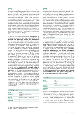 Síntesis:                                                           Síntesis:
El conflicto armado que enfrenta al Gobierno con los diferen-       El conflicto que afecta al estado de Nagalandia se origina tras
tes grupos armados que operan en el estado y varios de éstos        el proceso de descolonización británico de la India (1947),
entre sí tiene su origen en las demandas de independencia de        cuando surge un movimiento naga que reclama el reconoci-
varios de estos grupos, así como en las tensiones existentes        miento de derechos colectivos para esta población, mayorita-
entre los diferentes grupos étnicos que conviven en el estado.      riamente cristiana, frente a la mayoría hindú india. La crea-
En las décadas de los sesenta y setenta surgen varios grupos        ción de la organización naga NCC en 1946 marca el inicio de
armados, algunos de inspiración comunista y otros de ads-           las reclamaciones políticas de independencia para el pueblo
cripción étnica, grupos que permanecerán activos a lo largo         naga, que a lo largo de las décadas posteriores evolucionaron
de las décadas posteriores. Por otro lado, el contexto regional,    tanto en contenido (independencia de Nagalandia o creación
en un estado fronterizo con Nagalandia, Assam y Myanmar,            de la Gran Nagalandia, incorporando territorios de los estados
también marcará el desarrollo de la conflictividad en Manipur,      vecinos habitados por nagas) como en formas de oposición,
y serán constantes las tensiones entre grupos étnicos manipu-       iniciándose la lucha armada en 1955. En 1980 se forma el
ris con población naga. El empobrecimiento económico del            grupo armado de oposición NSCN como resultado de des-
estado y el aislamiento con respecto al resto del país, han         acuerdos con sectores políticos más moderados, que a su vez
contribuido decisivamente a consolidar un sentimiento de            ocho años después se dividirá en dos facciones, Isaac-Muivah
agravio en la población de Manipur.                                 y Khaplang. Desde 1997 el NSCN-IM mantiene un acuerdo
                                                                    de alto el fuego y negociaciones con el Gobierno indio, pero
                                                                    en los últimos años se han multiplicado los enfrentamientos
En relación a la violencia insurgente, continuaron los
                                                                    entre las dos facciones.
enfrentamientos entre grupos armados y fuerzas de
seguridad, que se saldaron con algo más de 440 muer-
tes al finalizar el año. Además de la sucesión de ata-              A lo largo de todo el año se repitieron los enfrentamien-
ques de baja mortalidad, se produjeron atentados cerca              tos armados entre las diferentes facciones de la insur-
de la residencia del ministro principal de Manipur, con-            gencia naga, en especial entre los grupos NSCN-IM y el
tra el recinto del Parlamento y contra la residencia del            NSCN-K. Nagalandia fue uno de los tres estados de la
ministro de Sanidad. Destacó también el estallido de                región nordeste de la India más afectados por la violen-
un coche bomba en octubre en la capital de estado,                  cia armada, junto con Assam y Manipur. 25 La débil
Imphal, con 14 víctimas mortales y una treintena de                 supervisión del acuerdo de alto el fuego vigente en el
heridos. Las autoridades acusaron al grupo PREPAK,                  estado fue uno de los factores que contribuyeron al
con base en Myanmar, mientras la facción Consejo                    aumento de la violencia. La cifra de muertes durante el
Militar del Kangleipak Communist Party (KCP) reivindi-              año como consecuencia de la violencia insurgente
có la explosión. A su vez, las fuerzas de seguridad                 superaría el centenar de personas. No obstante, en los
anunciaron también en octubre haber acabado con la                  últimos meses del año se constató una ligera reducción
presencia desde hacía una década de insurgentes en la               de la violencia. Esta reducción podría ser fruto de dife-
zona de Dingpi (en frontera india con Myanmar). El                  rentes iniciativas llevadas a cabo por organizaciones de
segundo eje de violencia, el que enfrenta a grupos                  la sociedad civil naga, en un intento de unificar a las
armados entre sí, se mantuvo activo durante el año, con             diferentes facciones y grupos que se enfrentan al Esta-
choques periódicos entre formaciones étnicas rivales.               do. Por otra parte, fuentes gubernamentales atribuye-
En tercer lugar, el hostigamiento contra la población               ron esta reducción de la violencia al incremento de las
civil continuó en forma de secuestros, ejecuciones y                operaciones militares contra la insurgencia. No obstan-
extorsiones por parte de los grupos armados. Así, entre             te, algunas organizaciones alertaron de que la falta de
abril y junio un total de 230 funcionarios renunciaron a            sinceridad del Gobierno en el proceso de paz podría lle-
sus cargos como rechazo a dichos pagos forzados. Por                var de nuevo a un aumento de la violencia.26
otra parte, se produjeron nuevos incidentes contra tra-
bajadores inmigrantes de habla hindi, con dos jornadas
sucesivas de violencia que causaron 12 muertes, de las              India (CPI-M)
que ningún grupo se atribuyó la autoría, mientras la
                                                                    Inicio:              1967
policía acusó al KYKL. Finalmente, la coalición de 11
                                                                    Tipología:           Sistema
grupos conocida como la Kuki National Organisation
firmó un acuerdo de paz con el Gobierno del estado y el                                  Interno
Ejecutivo central.                                                  Actores:             Gobierno, CPI-M (naxalitas)
                                                                    Intensidad:          2
                                                                    Evolución:
India (Nagalandia)                                                  Síntesis:
                                                                    El conflicto armado que enfrenta al Gobierno indio con el gru-
Inicio:                1955                                         po armado maoísta CPI-M (conocido como naxalita, en honor
Tipología:             Autogobierno, Identidad                      a la ciudad en la que se inició este movimiento) afecta a
                       Interno                                      numerosos estados de la India. El CPI-M surge en Bengala
Actores:               Gobierno, NSCN-K, NSCN-IM                    Occidental a finales de los años sesenta con reclamaciones
Intensidad:            1                                            relativas a la erradicación del sistema de propiedad de la tie-
Evolución:                                                          rra, así como fuertes críticas al sistema de democracia parla-
                                                                    mentaria, considerada como un legado colonial. Desde enton-



25. Véase India (Assam) e India (Manipur) en este mismo capítulo.
26. Véase el capítulo 3 (Procesos de Paz).



                                                                                                               Conflictos armados 35
 