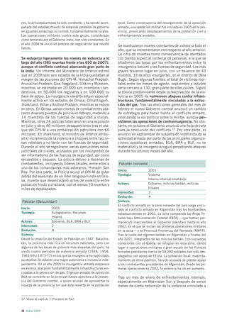 ces, la actividad armada ha sido constante, y ha venido acom-    local. Como consecuencia del resurgimiento de la oposición
pañada del establecimiento de sistemas paralelos de gobierno     armada, una operación militar fue iniciada en 2005 en la pro-
en aquellas zonas bajo su control, fundamentalmente rurales.     vincia, provocando desplazamientos de la población civil y
Las operaciones militares contra este grupo, considerado         enfrentamientos armados.
como terrorista por el Gobierno indio, han sido constantes. En
el año 2004 se inició un proceso de negociación que resultó
                                                                 Se mantuvieron niveles constantes de violencia todo el
fallido.
                                                                 año, que se incrementaron con respecto al año anterior.
                                                                 La cifra de muertes como consecuencia de atentados
Se redujeron ligeramente los niveles de violencia a lo           con bomba superó el centenar de personas, a la que se
largo del año (585 muertes frente a las 650 de 2007),            añadieron las bajas por los enfrentamientos entre la
aunque el conflicto continuó abarcando gran parte de             insurgencia baluchi y las fuerzas de seguridad. Los más
la India. Un informe del Ministerio de Interior estimó           graves tuvieron lugar en julio, con un balance de 43
que en 2008 sólo seis estados de la India quedaban al            muertos, 33 de ellos insurgentes, en el distrito de Dera
margen de las acciones del CPI-M: Himachal Pradesh,              Bugti. Según algunas fuentes, el total de víctimas mor-
Arunachal Pradesh, Goa, Nagaland, Sikkim y Mizoram,              tales entre los meses de agosto, septiembre y octubre
mientras se estimaba en 20.000 sus miembros clan-                sería cercano a 130, gran parte de ellas civiles. Siguió
destinos, en 50.000 los regulares y en 100.000 su                la tónica predominante desde la reactivación de la vio-
base de apoyo. La insurgencia naxalita estuvo especial-          lencia en 2005 de numerosos ataques contra infraes-
mente activa en los estados de Orissa, Chhattisgarh,             tructuras, fundamentalmente vinculadas a la extrac-
Jharkhand, Bihar y Andhra Pradesh, mientras se redujo            ción del gas. Tras las elecciones generales del mes de
en otros. En Orissa, varios cientos de combatientes ata-         febrero el nuevo Gobierno central anunció un cambio
caron diversos puestos de policía en febrero, matando a          de estrategia para hacer frente al conflicto armado,
14 miembros de las fuerzas de seguridad y civiles.               priorizando la vía política sobre la militar, aunque per-
Mientras, otros 24 policías fallecieron en una explosión         sistieron las operaciones de contrainsurgencia. No obs-
en julio y otros 40 militares desaparecieron tras el ata-        tante, en octubre el Gobierno anunció una hoja de ruta
que del CPI-M a una embarcación patrullera con 60                para la resolución del conflicto.27 Por otra parte, el
militares. En Jharkhand, el ministro de Interior atribu-         anuncio en septiembre de suspensión indefinida de la
yó el incremento de la violencia a choques entre faccio-         actividad armada por parte de las principales organiza-
nes rebeldes y no tanto con las fuerzas de seguridad.            ciones opositoras armadas, BLA, BRA y BLF, no se
Durante el año se registraron varias ejecuciones extra-          materializó y la insurgencia siguió perpetrando ataques
judiciales de civiles, acusados por los insurgentes de           durante los últimos meses del año.
ser informadores de las fuerzas de seguridad, así como
secuestros y saqueos. La policía detuvo a decenas de
combatientes, incluyendo líderes locales, entre ellos a          Pakistán (noroeste)
uno de los comandantes más veteranos, Himadri Sen
                                                                 Inicio:              2001
Roy. Por otra parte, la Policía acusó al CPI-M de estar
                                                                 Tipología:           Sistema
detrás del asesinato de un líder religioso hindú en Oris-
sa, muerte que desencadenó actos de violencia entre                                   Interno internacionalizado
población hindú y cristiana, con al menos 10 muertos y           Actores:             Gobierno, milicias talibán, milicias
miles de desplazados.                                                                 tribales
                                                                 Intensidad:          3
                                                                 Evolución:
Pakistán (Baluchistán)                                           Síntesis:
                                                                 El conflicto armado en la zona noroeste del país surge vincu-
Inicio:                2005                                      lado al conflicto armado en Afganistán tras los bombardeos
Tipología:             Autogobierno, Recursos                    estadounidenses en 2001. La zona comprende las Áreas Tri-
                       Interno                                   bales bajo Administración Federal (FATA) —que habían per-
Actores:               Gobierno, BLA, BRA y BLF                  manecido inaccesibles al Gobierno pakistaní hasta el año
Intensidad:            2                                         2002, en el que se inician las primeras operaciones militares
Evolución:                                                       en la zona— y la Provincia Fronteriza del Noroeste (NWFP).
Síntesis:                                                        Tras la caída del régimen talibán en Afganistán a finales del
Desde la creación del Estado de Pakistán en 1947, Baluchis-      año 2001, integrantes de las milicias talibán, con supuestas
tán, la provincia más rica en recursos naturales, pero con       conexiones con al-Qaeda, se refugian en esta zona, dando
algunas de las tasas de pobreza más elevadas del país, ha        lugar a operaciones militares a gran escala de las Fuerzas
vivido cuatro periodos de violencia armada (1948, 1958,          Armadas pakistaníes (cerca de 50.000 soldados han sido des-
1963-69 y 1973-77) en los que la insurgencia ha explicitado      plegados) con apoyo de EEUU. La población local, mayorita-
su objetivo de obtener una mayor autonomía e incluso la inde-    riamente de etnia pashtún, ha sido acusada de prestar apoyo
pendencia. En el año 2005 la insurgencia armada reaparece        a los combatientes procedentes de Afganistán. Desde las pri-
en escena, atacando fundamentalmente infraestructuras vin-       meras operaciones en 2002, la violencia ha ido en aumento.
culadas a la extracción de gas. El grupo armado de oposición
BLA se convierte en la principal fuerza opositora a la presen-   Tras un mes de enero de enfrentamientos intensos,
cia del Gobierno central, a quien acusan de aprovechar la        especialmente en Waziristán Sur, y después de varios
riqueza de la provincia sin que ésta revierta en la población    meses de cierta reducción de la violencia vinculada a


27. Véase el capítulo 3 (Procesos de Paz).



36 Alerta 2009
 
