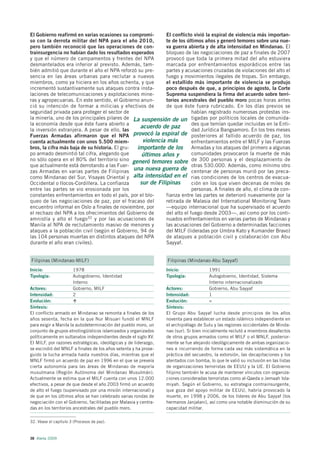 El Gobierno reafirmó en varias ocasiones su compromi-        El conflicto vivió la espiral de violencia más importan-
so con la derrota militar del NPA para el año 2010,          te de los últimos años y generó temores sobre una nue-
pero también reconoció que las operaciones de con-           va guerra abierta y de alta intensidad en Mindanao. El
trainsurgencia no habían dado los resultados esperados       bloqueo de las negociaciones de paz a finales de 2007
y que el número de campamentos y frentes del NPA             provocó que toda la primera mitad del año estuviera
desmantelados era inferior al previsto. Además, tam-         marcada por enfrentamientos esporádicos entre las
bién admitió que durante el año el NPA reforzó su pre-       partes y acusaciones cruzadas de violaciones del alto el
sencia en las áreas urbanas para reclutar a nuevos           fuego y movimientos ilegales de tropas. Sin embargo,
miembros, como ya hiciera en los años ochenta, y que         el estallido más importante de violencia se produjo
incrementó sustantivamente sus ataques contra insta-         poco después de que, a principios de agosto, la Corte
laciones de telecomunicaciones y explotaciones mine-         Suprema suspendiera la firma del acuerdo sobre terri-
ras y agropecuarias. En este sentido, el Gobierno anun-      torios ancestrales del pueblo moro pocas horas antes
ció su intención de formar a milicias y efectivos de         de que éste fuera rubricado. En los días previos se
seguridad privada para proteger el sector de                              habían registrado numerosas protestas ins-
la minería, uno de los principales pilares de La suspensión de un tigadas por políticos locales de comunida-
la economía desde que éste fuera abierto a                                des que temían quedar incluidas en la Enti-
                                                  acuerdo de paz
la inversión extranjera. A pesar de ello, las                             dad Jurídica Bangsamoro. En los tres meses
Fuerzas Armadas afirmaron que el NPA provocó la espiral de posteriores al fallido acuerdo de paz, los
cuenta actualmente con unos 5.500 miem-            violencia más          enfrentamientos entre el MILF y las Fuerzas
bros, la cifra más baja de su historia. El gru- importante de los Armadas y los ataques del primero a algunas
po armado desmintió tal cifra, alegando que       últimos años y          comunidades provocaron la muerte de más
no sólo opera en el 80% del territorio sino generó temores sobre de 300 personas y el desplazamiento de
que actualmente está derrotando a las Fuer-                               otras 530.000. Además, como mínimo otro
zas Armadas en varias partes de Filipinas una nueva guerra de centenar de personas murió por las preca-
como Mindanao del Sur, Visayas Oriental y alta intensidad en el rias condiciones de los centros de evacua-
Occidental o Ilocos-Cordillera. La confianza     sur de Filipinas         ción en los que viven decenas de miles de
entre las partes se vio erosionada por los                                personas. A finales de año, el clima de con-
constantes enfrentamientos en todo el país, por el blo-      fianza entre las partes se deterioró nuevamente por la
queo de las negociaciones de paz, por el fracaso del         retirada de Malasia del International Monitoring Team
encuentro informal en Oslo a finales de noviembre, por       —equipo internacional que ha supervisado el acuerdo
el rechazo del NPA a los ofrecimientos del Gobierno de       del alto el fuego desde 2003—, así como por los conti-
amnistía y alto el fuego 32 y por las acusaciones de         nuados enfrentamientos en varias partes de Mindanao y
Manila al NPA de reclutamiento masivo de menores y           las acusaciones del Gobierno a determinadas facciones
ataques a la población civil (según el Gobierno, 94 de       del MILF (lideradas por Umbra Kato y Kumander Bravo)
las 104 personas muertas en distintos ataques del NPA        de ataques a población civil y colaboración con Abu
durante el año eran civiles).                                Sayyaf.


Filipinas (Mindanao-MILF)                                        Filipinas (Mindanao-Abu Sayyaf)
Inicio:                1978                                      Inicio:              1991
Tipología:             Autogobierno, Identidad                   Tipología:           Autogobierno, Identidad, Sistema
                       Interno                                                        Interno internacionalizado
Actores:               Gobierno, MILF                            Actores:             Gobierno, Abu Sayyaf
Intensidad:            2                                         Intensidad:          1
Evolución:                                                       Evolución:           =
Síntesis:                                                        Síntesis:
El conflicto armado en Mindanao se remonta a finales de los      El Grupo Abu Sayyaf lucha desde principios de los años
años sesenta, fecha en la que Nur Misuari fundó el MNLF          noventa para establecer un estado islámico independiente en
para exigir a Manila la autodeterminación del pueblo moro, un    el archipiélago de Sulu y las regiones occidentales de Minda-
conjunto de grupos etnolingüísticos islamizados y organizados    nao (sur). Si bien inicialmente reclutó a miembros desafectos
políticamente en sultanatos independientes desde el siglo XV.    de otros grupos armados como el MILF o el MNLF, posterior-
El MILF, por razones estratégicas, ideológicas y de liderazgo,   mente se fue alejando ideológicamente de ambas organizacio-
se escindió del MNLF a finales de los años setenta y ha prose-   nes e incurriendo de forma cada vez más sistemática en la
guido la lucha armada hasta nuestros días, mientras que el       práctica del secuestro, la extorsión, las decapitaciones y los
MNLF firmó un acuerdo de paz en 1996 en el que se preveía        atentados con bomba, lo que le valió su inclusión en las listas
cierta autonomía para las áreas de Mindanao de mayoría           de organizaciones terroristas de EEUU y la UE. El Gobierno
musulmana (Región Autónoma del Mindanao Musulmán).               filipino también le acusa de mantener vínculos con organiza-
Actualmente se estima que el MILF cuenta con unos 12.000         ciones consideradas terroristas como al-Qaeda o Jemaah Isla-
efectivos, a pesar de que desde el año 2003 firmó un acuerdo     miyah. Según el Gobierno, su estrategia contrainsurgente,
de alto el fuego (supervisado por una misión internacional) y    que goza del apoyo militar de EEUU, habría provocado la
de que en los últimos años se han celebrado varias rondas de     muerte, en 1998 y 2006, de los líderes de Abu Sayyaf (los
negociación con el Gobierno, facilitadas por Malasia y centra-   hermanos Janjalani), así como una notable disminución de su
das en los territorios ancestrales del pueblo moro.              capacidad militar.

32. Véase el capítulo 3 (Procesos de paz).



38 Alerta 2009
 