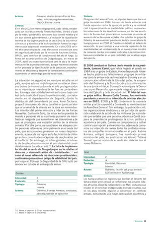 Actores:                Gobierno, alianza armada Forces Nou-     Síntesis:
                        velles, milicias progubernamentales,     El régimen de Lansana Conté, en el poder desde que diera un
                        ONUCI, Forces Licorne                    golpe de estado en 1984, ha ejercido desde entonces una
Síntesis:                                                        fuerte represión contra la oposición política y la sociedad
En el año 2002 un intento de golpe de Estado fallido, encabe-    civil. La grave situación de inestabilidad política, las constan-
zado por la alianza armada Forces Nouvelles, dividió al país     tes violaciones de los derechos humanos y el declive econó-
por la mitad, quedando la zona norte bajo control rebelde y el   mico de Guinea han provocado en numerosas ocasiones el
sur bajo control gubernamental. La exclusión de la población     aumento de las tensiones sociales y los intentos de golpe de
norteña de los órganos políticos de decisión y la discrimina-    Estado y de asesinato del presidente. Ante la convocatoria de
ción social y económica de dicha población fueron los argu-      huelga general en 2007 el Presidente decretó el estado de
mentos que apoyaron el levantamiento. En el año 2003 se fir-     excepción, lo que condujo a una violenta represión de los
mó el acuerdo de paz de Linas Marcoussis y se creó una zona      manifestantes y el nombramiento de un nuevo primer ministro
de seguridad patrullada por la misión de Naciones Unidas,        de consenso con los principales sindicatos. Los motines mili-
ONUCI, para certificar el cumplimiento del alto el fuego. La     tares son constantes en un país controlado por los altos cargos
firma del acuerdo político de Ouagadougou, en marzo de           del ejército.
2007, abrió una nueva oportunidad para la paz y la imple-
mentación de acuerdos anteriores, aunque los lentos avances      El 2008 concluyó en Guinea con la muerte de su presi-
en los procesos de identificación de la población, estableci-    dente, Lansana Conté, que había llegado al puesto en
miento de elecciones y desarme de combatientes continuaron       1984 tras un golpe de Estado. Horas después de haber-
suponiendo un serio riesgo para la estabilidad.                  se hecho público su fallecimiento un grupo de milita-
                                                                 res tomó la emisora de radio estatal en Conakry y en un
La situación de seguridad se mantuvo estable en el               comunicado informó de la toma del poder, la suspen-
país, aunque esto no impidió que se sucedieran diver-            sión del Gobierno y la Constitución y la conformación
sos brotes de violencia durante el año protagonizados            de una junta militar, el Consejo Nacional para la Demo-
en su mayoría por miembros de las fuerzas contendien-            cracia y el Desarrollo, que estaría integrado por miem-
tes. La mayor inestabilidad se vivió en la zona bajo con-        bros del Ejército y de la sociedad civil. El líder del nue-
trol de la coalición Forces Nouvelles (norte), concreta-         vo golpe militar, Moussa Dadis Camara, fue nombrado
mente en el departamento de Séguela, donde la                    presidente y anunció su intención de celebrar eleccio-
destitución del comandante de zona, Koné Zacharia,               nes en 2010. EEUU y la UE condenaron la asonada
provocó la insurrección de su batallón en junio y el ata-        militar y la UA suspendió a Guinea de su membresía en
que al arsenal de la alianza en la zona en noviembre.            la Asamblea General. Sin embargo, la población civil,
Los intentos del primer ministro y líder de las Forces           las organizaciones sindicales y los partidos de oposi-
Nouvelles, Guillaume Soro, por situar en los puestos de          ción celebraron la acción de los militares por conside-
mando a personas de su confianza pusieron de mani-               rar que evitaba que una persona próxima a Conté ocu-
fiesto el riesgo de que aumentaran las disensiones y de          para la presidencia prolongando la crisis política y
que se produjera una escisión dentro de la alianza               económica del país. Camara se comprometió a luchar
armada. Por otra parte, se sucedieron los ataques con-           contra la corrupción y el narcotráfico, además de comu-
tra personas retornadas principalmente en el oeste del           nicar su intención de revisar todos los contratos mine-
país, que en ocasiones generaron un nuevo desplaza-              ros de compañías internacionales en el país. Kabine
miento, a pesar de los logros en la facilitación de diálo-       Komara, antiguo banquero, fue nombrado primer
go en las comunidades receptoras de desplazados por              ministro del país, en sustitución de Ahmed Tidiane
el conflicto. Sin embargo, en cifras globales, el núme-          Souaré, que se mostró de acuerdo en colaborar con el
ro de desplazados internos en el país descendió consi-           nuevo Gobierno.
derablemente durante el año.10 La falta de implemen-
tación del acuerdo de Ouagadougou en lo relativo al
desarme y desmovilización de combatientes,11 así                 Malí
como el nuevo retraso de las elecciones presidenciales,
                                                                 Intensidad:           2
continuaron poniendo en peligro la estabilidad del país,
                                                                 Evolución:
por lo que el Consejo de Seguridad de la ONU optó por
renovar en octubre el embargo de armas.                          Tipología:            Identidad, Recursos
                                                                                       Interna
                                                                 Actores:              Gobierno, facción del grupo armado
Guinea                                                                                 ADC de Ibrahim Ag Bahanga
                                                                 Síntesis:
Intensidad:             2                                        Los tuareg pueblan las regiones que bordean el desierto del
Evolución:                                                       Sáhara desde antes de que se conformaran los actuales Esta-
Tipología:              Gobierno                                 dos africanos. Desde la independencia de Malí, los tuareg que
                        Interna                                  residen en el norte han protagonizado diversas revueltas, que
Actores:                Gobierno, Fuerzas Armadas, sindicatos,   en los años noventa llegaron a convertirse en conflicto
                        partidos políticos de oposición          armado, demandando una mayor participación económica y




10. Véase el capítulo 5 (Crisis humanitarias).
11. Véase el capítulo 6 (Desarme).



                                                                                                                      Tensiones 55
 