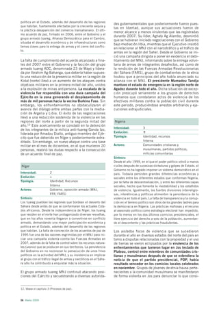 política en el Estado, además del desarrollo de las regiones
                                                                   des gubernamentales que posteriormente fueron pues-
que habitan, fuertemente afectadas por la creciente sequía y
                                                                   tas en libertad, aunque sus actuaciones fueron de
la práctica desaparición del comercio transahariano. El últi-
                                                                   menor alcance y menos virulentas que las registradas
mo acuerdo de paz, firmado en 2006, entre el Gobierno y el
                                                                   durante 2007. Su líder, Aghaly Ag Alambo, desmintió
grupo armado tuareg, Alianza Democrática para el Cambio,
                                                                   que se hubieran iniciado negociaciones con el Gobierno
situaba el desarrollo económico y de infraestructuras como
                                                                   bajo mediación libia, mientras que el Ejecutivo insistió
temas claves para la entrega de armas y el cierre del conflic-
                                                                   en relacionar al MNJ con el narcotráfico y el tráfico de
to.
                                                                   armas en la región del Sahel. Desde el Gobierno se ini-
                                                                   ció una campaña dirigida a poner en evidencia el debi-
La falta de cumplimiento del acuerdo alcanzado a fina-             litamiento del MNJ, informando sobre la entrega volun-
les del 2007 entre el Gobierno y la facción del grupo              taria de armas de integrantes desafectos, así como de
armado tuareg ADC, denominada 23 de Mayo y lidera-                 la rendición de las Fuerzas Armadas Revolucionarias
da por Ibrahim Ag-Bahanga, que debería haber supues-               del Sáhara (FARS), grupo de combatientes de la etnia
to una reducción de la presencia militar en la región de           toubou que a principios del año había anunciado su
Kidal (norte) llevó a un aumento de los ataques contra             alianza con el MNJ. El presidente Mamadou Tandja
objetivos militares en la primera mitad del año, unidos            mantuvo el estado de emergencia en la región norte de
a la explosión de minas antipersona. La escalada de la             Agadez durante todo el año. Dicha situación de excep-
violencia fue respondida con una dura campaña del                  ción preocupó seriamente a los grupos de derechos
Ejército en la zona generando el desplazamiento de                 humanos que constataron actos de violencia de los
más de mil personas hacia la vecina Burkina Faso. Sin              efectivos militares contra la población civil durante
embargo, los enfrentamientos no obstaculizaron el                  este periodo, produciéndose arrestos arbitrarios y eje-
avance del diálogo entre ambas partes con la media-                cuciones extrajudiciales.
ción de Argelia y Libia. El éxito de las negociaciones
llevó a una reducción sostenida de la violencia en las
regiones del norte a partir de la segunda mitad del                Nigeria
año.12 Este acercamiento se constató en la detención
                                                                   Intensidad:           3
de los integrantes de la milicia anti-tuareg Ganda Izo,
                                                                   Evolución:
liderada por Amadou Diallo, antiguo miembro del Ejér-
cito que fue detenido en Níger y posteriormente extra-             Tipología:            Identidad, recursos
ditado. Sin embargo, un nuevo ataque contra una base                                     Interna
militar en el mes de diciembre, en el que murieron 20              Actores:              Comunidades cristianas y
personas, reabrió las dudas respecto a la consecución                                    musulmanas, partidos políticos,
de un acuerdo final de paz.                                                              milicias comunitarias
                                                                   Síntesis:
                                                                   Desde el año 1999, en el que el poder político volvió a manos
Níger                                                              civiles después de sucesivas dictaduras y golpes de Estado, el
                                                                   Gobierno no ha logrado imponer un sistema democrático en el
Intensidad:            2                                           país. Todavía persisten grandes diferencias económicas y
Evolución:             =                                           sociales entre los diferentes estados que conforman Nigeria,
Tipología:             Identidad, Recursos                         por la falta de descentralización, y entre las diferentes capas
                       Interna                                     sociales, hecho que fomenta la inestabilidad y los estallidos
Actores:               Gobierno, oposición armada (MNJ,            de violencia. Igualmente, las fuertes divisiones interreligio-
                       FFR, FARS)                                  sas, interétnicas y políticas alimentan la persistencia de la
Síntesis:                                                          violencia en todo el país. La falta de transparencia y la corrup-
Los tuareg pueblan las regiones que bordean el desierto del        ción en el terreno político son otros de los grandes lastres para
Sáhara desde antes de que se conformaran los actuales Esta-        la democracia en Nigeria. Las prácticas mafiosas y el recurso
dos africanos. Desde la independencia de Níger, los tuareg         al asesinato político como estrategia electoral han impedido,
que residen en el norte han protagonizado diversas revueltas,      por lo menos en los dos últimos comicios presidenciales, el
que en los años noventa llegaron a convertirse en conflicto        libre ejercicio del derecho a voto de la población, aumentan-
armado, demandando una mayor participación económica y             do el descontento y las prácticas fraudulentas.
política en el Estado, además del desarrollo de las regiones
que habitan. La falta de concreción de los acuerdos de paz de      Los aislados focos de violencia que se sucedieron
1995 fue una de las razones esgrimidas por el MNJ para ini-        durante el año en diversos estados del norte del país en
ciar una campaña violenta contra las Fuerzas Armadas en            torno a disputas relacionadas con la propiedad y el uso
2007, además de la falta de control sobre los recursos natura-     de tierras se vieron eclipsados por la virulencia de los
les (uranio) que se producen en sus territorios. La persistencia   enfrentamientos que tuvieron lugar en Jos (estado de
del Gobierno en no reconocer la persecución de unos fines          Plateau, centro) entre miembros de comunidades cris-
políticos en la actividad del MNJ, y su insistencia en implicar    tianas y musulmanas después de que se extendiera la
al grupo con el tráfico ilegal de armas y narcóticos en el Sáha-   noticia de que el partido presidencial, PDP, había
ra sólo ha contribuido a enquistar más la situación.               resultado vencedor en los comicios locales celebrados
                                                                   en noviembre. Grupos de jóvenes de etnia hausa perte-
El grupo armado tuareg MNJ continuó atacando posi-                 necientes a la comunidad musulmana se manifestaron
ciones del Ejército y secuestrando a diversas autorida-            de forma violenta en Jos para denunciar lo que consi-


12. Véase el capítulo 3 (Procesos de paz).



56 Alerta 2009
 