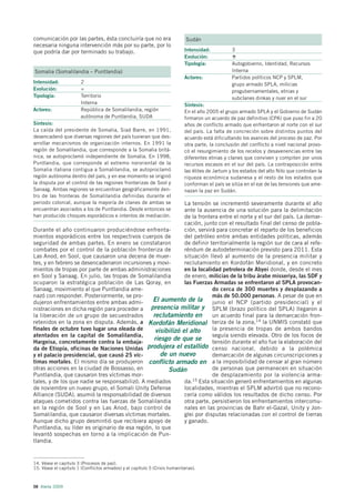 comunicación por las partes, ésta concluiría que no era                       Sudán
necesaria ninguna intervención más por su parte, por lo
que podría dar por terminado su trabajo.                                     Intensidad:           3
                                                                             Evolución:
                                                                             Tipología:            Autogobierno, Identidad, Recursos
Somalia (Somalilandia – Puntlandia)                                                                Interna
                                                                             Actores:              Partidos políticos NCP y SPLM,
Intensidad:             2                                                                          grupo armado SPLA, milicias
Evolución:              =                                                                          progubernamentales, etnias y
Tipología:              Territorio                                                                 subclanes dinkas y nuer en el sur
                        Interna                                              Síntesis:
Actores:                República de Somalilandia, región                    En el año 2005 el grupo armado SPLA y el Gobierno de Sudán
                        autónoma de Puntlandia, SUDA                         firmaron un acuerdo de paz definitivo (CPA) que puso fin a 20
Síntesis:                                                                    años de conflicto armado que enfrentaron al norte con el sur
La caída del presidente de Somalia, Siad Barre, en 1991,                     del país. La falta de concreción sobre distintos puntos del
desencadenó que diversas regiones del país tuvieran que des-                 acuerdo está dificultando los avances del proceso de paz. Por
arrollar mecanismos de organización internos. En 1991 la                     otra parte, la conclusión del conflicto a nivel nacional provo-
región de Somalilandia, que corresponde a la Somalia britá-                  có el resurgimiento de los recelos y desavenencias entre las
nica, se autoproclamó independiente de Somalia. En 1998,                     diferentes etnias y clanes que conviven y compiten por unos
Puntlandia, que corresponde al extremo nororiental de la                     recursos escasos en el sur del país. La contraposición entre
Somalia italiana contigua a Somalilandia, se autoproclamó                    las élites de Jartum y los estados del alto Nilo que controlan la
región autónoma dentro del país, y en ese momento se originó                 riqueza económica sudanesa y el resto de los estados que
la disputa por el control de las regiones fronterizas de Sool y              conforman el país se sitúa en el eje de las tensiones que ame-
Sanaag. Ambas regiones se encuentran geográficamente den-                    nazan la paz en Sudán.
tro de las fronteras de Somalilandia definidas durante el
periodo colonial, aunque la mayoría de clanes de ambas se     La tensión se incrementó severamente durante el año
encuentran asociados a los de Puntlandia. Desde entonces se   ante la ausencia de una solución para la delimitación
han producido choques esporádicos e intentos de mediación.    de la frontera entre el norte y el sur del país. La demar-
                                                              cación, junto con el resultado final del censo de pobla-
Durante el año continuaron produciéndose enfrenta-            ción, servirá para concretar el reparto de los beneficios
mientos esporádicos entre los respectivos cuerpos de          del petróleo entre ambas entidades políticas, además
seguridad de ambas partes. En enero se constataron            de definir territorialmente la región sur de cara al refe-
combates por el control de la población fronteriza de         réndum de autodeterminación previsto para 2011. Esta
Las Anod, en Sool, que causaron una decena de muer-           situación llevó al aumento de la presencia militar y
tes, y en febrero se desencadenaron incursiones y movi-       reclutamiento en Kordofán Meridional, y en concreto
mientos de tropas por parte de ambas administraciones         en la localidad petrolera de Abyei donde, desde el mes
en Sool y Sanaag. En julio, las tropas de Somalilandia        de enero, milicias de la tribu árabe misseriya, las SDF y
ocuparon la estratégica población de Las Qoray, en            las Fuerzas Armadas se enfrentaron al SPLA provocan-
Sanaag, movimiento al que Puntlandia ame-                                 do cerca de 300 muertes y desplazando a
nazó con responder. Posteriormente, se pro-                               más de 50.000 personas. A pesar de que en
dujeron enfrentamientos entre ambas admi-        El aumento de la junio el NCP (partido presidencial) y el
nistraciones en dicha región para proceder a presencia militar y SPLM (brazo político del SPLA) llegaron a
la liberación de un grupo de secuestrados        reclutamiento en         un acuerdo final para la demarcación fron-
retenidos en la zona en disputa. Además, a Kordofán Meridional teriza de la zona,14 la UNMIS constató que
finales de octubre tuvo lugar una oleada de       visibilizó el alto      la presencia de tropas de ambos bandos
atentados en la capital de Somalilandia,                                  seguía siendo elevada. Otro de los focos de
Hargeisa, concretamente contra la embaja-
                                                 riesgo de que se         tensión durante el año fue la elaboración del
da de Etiopía, oficinas de Naciones Unidas produjera el estallido censo nacional, debido a la polémica
y el palacio presidencial, que causó 25 víc-        de un nuevo           demarcación de algunas circunscripciones y
timas mortales. El mismo día se produjeron conflicto armado en a la imposibilidad de censar al gran número
otras acciones en la ciudad de Bossasso, en            Sudán              de personas que permanecen en situación
Puntlandia, que causaron tres víctimas mor-                               de desplazamiento por la violencia arma-
tales, y de los que nadie se responsabilizó. A mediados       da.15 Esta situación generó enfrentamientos en algunas
de noviembre un nuevo grupo, el Somali Unity Defense          localidades, mientras el SPLM advirtió que no recono-
Alliance (SUDA), asumió la responsabilidad de diversos        cería como válidos los resultados de dicho censo. Por
ataques cometidos contra las fuerzas de Somalilandia          otra parte, persistieron los enfrentamientos intercomu-
en la región de Sool y en Las Anod, bajo control de           nales en las provincias de Bahr el-Gazal, Unity y Jon-
Somalilandia, que causaron diversas víctimas mortales.        glei por disputas relacionadas con el control de tierras
Aunque dicho grupo desmintió que recibiera apoyo de           y ganado.
Puntlandia, su líder es originario de esa región, lo que
levantó sospechas en torno a la implicación de Pun-
tlandia.


14. Véase el capítulo 3 (Procesos de paz).
15. Véase el capítulo 1 (Conflictos armados) y el capítulo 5 (Crisis humanitarias).



58 Alerta 2009
 
