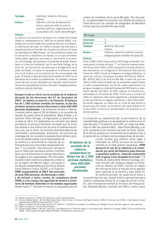 Tipología:             Identidad, Gobierno, Recursos
                                                                           contra los miembros de la secta Mungiki. Por otra par-
                       Interna
                                                                           te, se desencadenó en octubre una oleada de violencia
Actores:               Gobierno, milicias de adscripción                   interclánica en los campos de refugiados de Mandera
                       étnica, oposición política y social                 (norte) que fue duramente reprimida.
                       (partidos políticos, organizaciones de
                       la sociedad civil), SLDF, secta Mungiki
Síntesis:                                                                   RD Congo
La política y la economía de Kenya han estado dominadas
desde su independencia en 1963 por el partido KANU, con-                   Intensidad:             3
trolado por la comunidad más numerosa del país, los kikuyus,               Evolución:
en detrimento del resto. En 2002 el sucesor del autoritario y              Tipología:              Gobierno, Recursos
cleptócrata Daniel Arap Moi (en el poder los últimos 24 años)                                      Interna
fue derrotado por Mwai Kibaki, con la promesa de acabar con                Actores:                Gobierno, oposición política y social y
la corrupción y redistribuir la riqueza, en un país eminente-                                      antiguos grupos armados de oposición
mente pobre, agrícola y que basa su crecimiento en el turis-               Síntesis:
mo. Sin embargo, las promesas incumplidas de Kibaki fomen-                 Entre 1998 y 2003 transcurrió en RD Congo la llamada “pri-
taron un clima de frustración, por lo que Raila Odinga, de la              mera guerra mundial africana”.21 La firma de diversos acuer-
etnia lúo, se convirtió en una amenaza a la hegemonía en el                dos de paz entre 2002 y 2003 comportó la retirada de las tro-
poder de Kibaki, sin basar su campaña en la afiliación tribal,             pas extranjeras y la configuración del Gobierno Nacional de
sino en el cambio y en la construcción de una sociedad más                 Transición (GNT) donde se integraron el antiguo Gobierno, la
justa. El fraude en las elecciones de diciembre de 2007 fue el             oposición política, los grupos armados RCD-Goma, RCD-K-
detonante de la violencia postelectoral. En paralelo, diversas             ML, RCD-N, MLC y las milicias Mai Mai. A partir de junio de
zonas del país se ven afectadas por disputas intercomunita-                2003 el GNT estuvo dirigido por el presidente Joseph Kabila
rias por la propiedad de la tierra y también instigadas política-          y cuatro vicepresidentes, dos de los cuales pertenecían a la
mente en periodo electoral.                                                antigua insurgencia: Azarias Ruberwa del RCD-Goma y Jean-
                                                                           Pierre Bemba del MLC. El GNT elaboró la Constitución,
Aunque el año se inició con la escalada de la violencia                    refrendada en diciembre de 2005. Entre julio y octubre de
derivada de las elecciones del 27 de diciembre de                          2006 se celebraron elecciones legislativas y presidenciales,
2007, en febrero se puso fin a la situación. El balance                    en las que Kabila fue elegido presidente, y Jean-Pierre Bem-
fue de 1.500 víctimas mortales (la mayoría, en las dos                     ba resultó segundo, en medio de un clima de alta tensión y
primeras semanas tras las elecciones) y otras 600.000                      acusaciones de fraude. La formación del nuevo Gobierno en
personas desplazadas. Las presiones locales e interna-                     el año 2007 no frenó la inestabilidad y las disputas en el
cionales dieron paso el 28 de febrero a un acuerdo de                      ámbito político.
reparto de poder entre el presidente, Mwai Kibaki, y el
opositor Raila Odinga, configurando un Gobierno de             La situación se caracterizó por la persistencia de la
unidad en abril. En septiembre la comisión que debía           inestabilidad política y la escalada de la violencia en el
esclarecer el proceso electoral constató que la crisis         este del país.22 A petición de la CPI, en mayo fue dete-
fue debida a una disfunción de todo el sistema electo-         nido el líder del opositor MLC, Jean-Pierre Bemba, y en
ral y que, por lo tanto, la comisión electoral debería ser     julio compareció por primera vez ante la Corte. Duran-
reformada o reemplazada. Asimismo, la comisión de              te el año se produjo un incremento de la persecución a
investigación de la violencia postelectoral señaló a polí-     la oposición en el marco de los preparativos de las elec-
ticos de ambas partes como responsables de                                 ciones locales que podrían tener lugar a
la violencia y recomendó la creación de un         El balance de la        mediados de 2009, aunque los aconteci-
tribunal para que dilucidara responsabilida-        escalada de la         mientos en el este podrían aplazarlas. HRW
des. 19 La presión internacional consiguió                                 denunció el uso de la violencia y la intimi-
que el Gabinete aprobara ambos informes
                                                        violencia          dación por parte del Gobierno para eliminar
para que se reformara el sistema electoral y       postelectoral en        a opositores políticos, situación inadvertida
se juzgara a los responsables. Por otra parte, Kenya fue de 1.500 ante la grave crisis desatada en el este.23 A
durante el año remitió la oleada de violencia víctimas mortales y finales de septiembre Antoine Gizenga, pri-
en la región del Monte Elgon, vinculada a           otras 600.000          mer ministro del Gobierno desde su forma-
los abusos perpetrados por la milicia Sabaot                               ción en febrero de 2007, dimitió en medio
                                                        personas
Land Defence Force (SLDF) y el Ejército.                                   de críticas en torno al fracaso de su gestión
HRW responsabilizó al SDLF del asesinato             desplazadas           para reactivar la economía y para poner fin
de unas 600 personas, de aterrorizar a miles                               al conflicto armado. Se especuló en torno a
y de torturar a varios cientos de ciudadanos desde             la posibilidad de que Joseph Kabila aprovechara para
2006; y a los cuerpos de seguridad de torturar a cente-        colocar a personas afines en el cargo de primer minis-
nares de hombres detenidos en las redadas organizadas          tro, pero finalmente nombró al ministro de Presupues-
desde marzo.20 También se redujo la respuesta policial         tos, Adolphe Muzito, también del PALU, como nuevo



19. Véase el capítulo 7 (Derechos humanos y justicia transicional).
20. Human Rights Watch, All the Men Have Gone: War Crimes in Kenya’s Mt Elgon District, HRW, 25 de julio de 2008, <http://www.hrw.org/
    english/docs/2008/07/25/kenya19471.htm>.
21. Véase la síntesis de RD Congo (este) en el capítulo 1 (Conflictos armados) y la síntesis de la Región de los Grandes Lagos en este capítulo.
22. Véase el capítulo 1 (Conflictos armados).
23. Human Rights Watch, We will crush you: The Restriction of Political Space in the Democratic Republic of Congo, HRW, 25 de noviembre de
    2008, <http://www.hrw.org/en/reports/2008/11/25/we-will-crush-you-0>.



60 Alerta 2009
 
