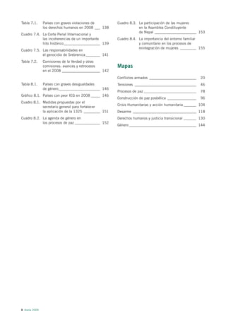 Tabla 7.1.      Países con graves violaciones de       Cuadro 8.3. La participación de las mujeres
                los derechos humanos en 2008 ___ 138               en la Asamblea Constituyente
                                                                   de Nepal _______________________ 153
Cuadro 7.4. La Corte Penal Internacional y
            las incoherencias de un importante         Cuadro 8.4. La importancia del entorno familiar
            hito histórico____________________ 139                 y comunitario en los procesos de
                                                                   reintegración de mujeres _________ 155
Cuadro 7.5. Las responsabilidades en
            el genocidio de Srebrenica ________ 141
Tabla 7.2.      Comisiones de la Verdad y otras
                comisiones: avances y retrocesos       Mapas
                en el 2008 _____________________ 142
                                                       Conflictos armados __________________________    20
Tabla 8.1.      Países con graves desigualdades        Tensiones __________________________________     46
                de género_______________________ 146
                                                       Procesos de paz _____________________________    78
Gráfico 8.1. Países con peor IEG en 2008 _____ 146
                                                       Construcción de paz posbélica ________________   96
Cuadro 8.1. Medidas propuestas por el
                                                       Crisis Humanitarias y acción humanitaria _______ 104
            secretario general para fortalecer
            la aplicación de la 1325 _________ 151     Desarme ___________________________________ 118
Cuadro 8.2. La agenda de género en                     Derechos humanos y justicia transicional _______ 130
            los procesos de paz ______________ 152
                                                       Género _____________________________________ 144




8 Alerta 2009
 