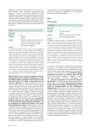 detenidas durante los enfrentamientos, muchos de                  rosas protestas contra una legislación que facilitaba la
ellos armados, entre partidarios y detractores del                venta de sus tierras y el asentamiento en la región de
Gobierno. A pesar de que varios Gobiernos y ONG                   empresas mineras y energéticas.
expresaron sus dudas acerca de la transparencia de los
comicios, el Ejecutivo nicaragüense rechazó la media-
ción de la OEA. A finales de año, el Gobierno de EEUU             Asia
amenazó con suspender la ayuda al desarrollo si Mana-
gua no presentaba pruebas sobre la credibilidad de las            a) Asia Central
elecciones y mostraba voluntad política para resolver el
conflicto.                                                        Uzbekistán
                                                                  Intensidad:          1
                                                                  Evolución:           =
Perú
                                                                  Tipología:           Sistema, Gobierno
Intensidad:          3                                                                 Interna
Evolución:                                                        Actores:             Gobierno, oposición social y política,
Tipología:           Gobierno                                                          grupos armados islamistas
                     Interna                                      Síntesis:
Actores:             Gobierno, oposición armada (facciones        El régimen de Islam Karímov, en el poder desde 1989 (pri-
                     remanentes de Sendero Luminoso)              mero como líder del Partido Comunista Uzbeko y desde
                     y política y social (organizaciones          1991 como presidente del país independiente), se ha carac-
                     campesinas e indígenas)                      terizado por la represión sistemática de la oposición políti-
Síntesis:                                                         ca, social y religiosa, mediante un sistema político persona-
En 1980, precisamente el año en que el país recuperaba la         lista, el control férreo del espacio público y la vulneración
democracia, se inició un conflicto armado entre el Gobierno y     de derechos y libertades. Desde finales de los años noventa,
el grupo armado maoísta Sendero Luminoso que se prolongó          el país ha sufrido ataques violentos por parte de grupos isla-
durante dos décadas y que costó la vida a más de 60.000 per-      mistas clandestinos, principalmente del Movimiento Islámi-
sonas. Al amparo de la política contrainsurgente, en los años     co de Uzbekistán. La tensión en el país escaló a partir de
noventa el Estado sufrió una deriva autoritaria de la mano de     mayo de 2005 a raíz de la represión violenta por parte del
Alberto Fujimori, que en el año 2000 se exilió en Japón tras      régimen contra unas manifestaciones en Andijan, que se
ser depuesto por el Congreso y acusado de numerosos casos         saldó con varios centenares de civiles muertos y de refugia-
de corrupción y violación de los derechos humanos. Desde          dos a países vecinos.
entonces, los Gobiernos de Alejandro Toledo y Alan García han
tenido que hacer frente a la acción de algunas facciones          La situación de tensión no experimentó cambios signi-
remanentes de Sendero Luminoso, supuestamente vinculadas          ficativos, en un contexto de control social y político y
al narcotráfico, y a las demandas de varias regiones y colecti-   de persecución continuada de los defensores de dere-
vos —mineros o campesinos productores de hoja de coca—            chos humanos, periodistas independientes y opositores
que exigen mayor atención por parte del Estado.                   políticos. A comienzos de año se movilizaron algunos
                                                                  centenares de personas en diversas zonas del país
Ante el repunte en las acciones de Sendero Luminoso,              (entre 250 y 300 en Ferghana —sudeste—, y varias
el Gobierno decretó el estado de emergencia en varias             decenas en Khojeyli —noroeste— y Zafarabad —cen-
localidades andinas y desplegó miles de efectivos mili-           tro—) por las disrupciones en el suministro de gas y
tares adicionales en la región comprendida entre los              electricidad en una etapa de temperaturas excepcional-
ríos Ene y Apurímac. El Gobierno declaró que en los               mente bajas. En mayo, en el marco del tercer aniversa-
últimos meses del año más de 50 personas habían                   rio de la masacre de Andijan, el Gobierno siguió recha-
muerto o resultado heridas en emboscadas atribuidas a             zando el establecimiento de una investigación
Sendero Luminoso y que sólo entre los meses de octu-              independiente. Pese a ello, la UE continuó su acerca-
bre y noviembre, 22 policías y militares habrían muer-            miento al régimen y aprobó la expiración de las restric-
to a manos del grupo. Según el Gobierno, Sendero                  ciones de visado sobre varios cargos del Gobierno, ale-
Luminoso cuenta con unos 150 miembros, está estre-                gando mejoras en derechos humanos, aunque mantuvo
chamente vinculado al narcotráfico y trata de reclutar            el embargo de armas. ONG de derechos humanos inter-
a campesinos, pero no supone una amenaza real para                nacionales y activistas locales denunciaron la falta de
el Estado. Como mínimo en dos ocasiones, la cúpula de             mejoras. Las autoridades restringieron la cobertura
Sendero Luminoso, que asegura estar llevando a cabo               informativa sobre una explosión en un depósito de una
la “tercera fase de la guerra popular prolongada”, exi-           base militar en Kagan (sur), con tres muertos y 21 heri-
gió al Gobierno una negociación política y una amnis-             dos, atribuida oficialmente a un incendio accidental,
tía para deponer las armas. Por otra parte, en distintos          refutando versiones que apuntaban a un ataque terro-
momentos del año se registraron protestas de distintos            rista. A finales de año el Gobierno inició por decreto
colectivos contra la política agraria y económica del             presidencial un proceso de reforma de la tierra que
Ejecutivo de Alan García. Especialmente graves fueron             contemplaba la entrega de pequeñas extensiones para
las protestas en los departamentos de Moquegua y Tac-             su fusión con otras más amplias. Algunos analistas
na (sur), donde el Gobierno impuso el estado de emer-             advirtieron de que el descontento de los pequeños agri-
gencia para contener las protestas de miles de perso-             cultores podría generar tensiones.
nas que exigían un mayor reparto de los ingresos
derivados de la empresa Southern Peru. En las regiones
amazónicas, miles de indígenas llevaron a cabo nume-


64 Alerta 2009
 