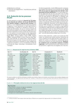 d) Medidas de confianza.                                                        En términos generales, el año 2008 presentó numerosas
e) Fórmulas de autogobierno o “arquitecturas políticas                          dificultades para avanzar en los procesos de paz. En el
   intermedias”.                                                                30% de los casos las negociaciones han ido bien o han
                                                                                terminado de forma satisfactoria. En un porcentaje simi-
                                                                                lar las negaciones han ido mal, que junto a los 12 casos
                                                                                en donde no han existido negociaciones, supone casi un
3.2. Evolución de los procesos                                                  40% de casos fallidos. Es de señalar, no obstante, que
de paz                                                                          se hayan resuelto cinco conflictos o tensiones (Benín –
                                                                                Burkina-Faso, Burundi, Kenya, Colombia (ERG) y el con-
En este apartado se analiza la situación de 70 contex-                          flicto interno del Líbano), aunque sólo el de Burundi se
tos en situación de conflicto, de los que 58 (83%) tie-                         refiere a los grandes conflictos armados que tenían pen-
nen abiertos diálogos o negociaciones formales (ver                             diente su resolución. Asimismo, en Sri Lanka se desmo-
tabla 3.1.) con independencia de su evolución positiva                          vilizó el TMVP. También son interesantes las diez explo-
o negativa, lo que representa un dato significativo y                           raciones que se señalan en el cuadro, y que podrían
esperanzador y reafirma la tendencia histórica, no                              concretarse en negociaciones a lo largo del 2009. En tér-
exenta de dificultades, de que la inmensa mayoría de                            minos generales, como se indica al final del capítulo,
los conflictos acaban en una mesa de negociación y no                           han surgido abundantes momentos de crisis en los pro-
terminan mediante la victoria militar de una de las par-                        cesos de negociación, por lo que la “temperatura de la
tes. Los países en los que todavía no hay negociación                           paz” continúa descendiendo desde hace cinco años.
con grupos armados (o se han roto) son Angola (FLEC),
Níger (MNJ), Etiopía (ONLF), Chad (UFR), Argelia                                Como en años anteriores, y sobre una muestra de 250
(OQMI), Colombia (FARC y ELN), Filipinas (Abu Say-                              casos, los motivos que suelen provocar momentos de
yaf), India (CPI-M), Sri Lanka (LTTE), Turquía (PKK) y                          crisis o parálisis en las negociaciones suelen seguir un
Chechenia (varias milicias). Excepto en los dos prime-                          patrón en cuanto a su frecuencia, presentando pocas
ros casos (conflictos no resueltos sin tener categoría de                       diferencias respecto a los años precedentes. Destacan
“conflictos armados”), en los 10 restantes se trata de                          los problemas que se presentan respecto al modelo
conflictos de mayor intensidad, considerados como                               negociador, particularmente por existir diferencias con
“armados”.                                                                      las personas u organismos encargados de la facilita-


Tabla 3.1. Situación de las negociaciones al finalizar 2008
 Bien (11 )                     Con dificultades (16)           Mal (14)                       En exploración (11)            Resueltas (6)

 Malí (ADC)                     Nigeria (Delta Níger)           Senegal (Casamance)            Etiopía (OLF)                  Benín–Burkina Faso
 Somalia (GFT-ARS               RD Congo (CNDP)                 Etiopía-Eritrea                Rwanda (FDLR)                  Kenya
    moderada)                   Uganda (ADF)                    Somalia (GFT-ARS               Sudán (Darfur)                 Burundi (FNL)
 Chad-Sudán                     India (NDFB)                     facción radical)              Afganistán (Heizb-i-Islami)    Colombia (ERG)
 RCA (APDR)                     India (NSCM-IM)                 Uganda (LRA)                   India (DHD-J)                  Sri Lanka (TMVP)
 RCA (UFDR)                     India-Pakistán                  Sáhara Occ. – Marruecos        India (Hizbul-Mujahedin)       Líbano
 Nepal (UDMF)                   Pakistán (Baluchistán)          Colombia (AUC)                 Nepal (TSJP)
 Nepal (FRNF)                   Filipinas (MILF)                India (ULFA)                   Nepal (MVK)
 China-Taiwán                   Filipinas (MNLF)                Pakistán (Noroeste)            China-Tibet
 Tailandia (TUSU)               Georgia-Rusia                   Filipinas (NPA)                Myanmar (KNU)
 Chipre                         Kosovo                          Indonesia (Papúa               Iraq (varios grupos)
 Israel-Siria1                  Armenia-Azerbaiyán                 Occidental)
                                Iraq (Moqtada al-Sadr)          Myanmar (NLD)
                                Israel-Palestina                Georgia (Abjasia)
                                Palestina                       Georgia (Osetia Sur)
                                Yemen (al-Houthi)               Israel (Hamas)

(En cursiva se señalan los conflictos y tensiones no resueltas y que no están en fase de lucha armada o que al finalizar el año no pueden catalogarse como
“conflictos armados”. Las negociaciones clasificadas como “resueltas” a finales del año no implican que puedan darse posteriores rebrotes de violencia en
dichos contextos).



Cuadro 3.1. Principales motivos de crisis en las negociaciones del año

  Muy frecuentes
  • Desconfianza o rechazo con algunos mediadores
  • Existencia de combates en paralelo
  • Escisiones y disidencias en los grupos armados
  • Tensiones con los países vecinos
  • Divergencias fundamentales en los temas a discutir (precondiciones)




1. El 28 de diciembre, tras el ataque israelí sobre Gaza, el Gobierno sirio suspendió las negociaciones con el Gobierno de Israel.



80 Alerta 2009
 
