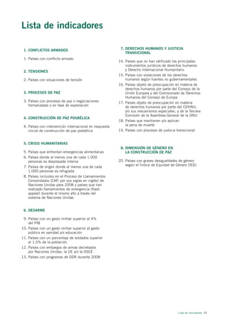 Lista de indicadores

 1. CONFLICTOS ARMADOS                                    7. DERECHOS HUMANOS Y JUSTICIA
                                                             TRANSICIONAL
 1. Países con conflicto armado
                                                         14. Países que no han ratificado los principales
                                                             instrumentos jurídicos de derechos humanos
 2. TENSIONES                                                y Derecho Internacional Humanitario
                                                         15. Países con violaciones de los derechos
 2. Países con situaciones de tensión                        humanos según fuentes no gubernamentales
                                                         16. Países objeto de preocupación en materia de
                                                             derechos humanos por parte del Consejo de la
 3. PROCESOS DE PAZ                                          Unión Europea y del Comisionado de Derechos
                                                             Humanos del Consejo de Europa
 3. Países con procesos de paz o negociaciones           17. Países objeto de preocupación en materia
    formalizadas o en fase de exploración                    de derechos humanos por parte del CDHNU,
                                                             y/o sus mecanismos especiales, y de la Tercera
                                                             Comisión de la Asamblea General de la ONU
 4. CONSTRUCCIÓN DE PAZ POSBÉLICA
                                                         18. Países que mantienen y/o aplican
 4. Países con intervención internacional en respuesta       la pena de muerte
    inicial de construcción de paz posbélica             19. Países con procesos de justicia transicional


 5. CRISIS HUMANITARIAS
                                                          8. DIMENSIÓN DE GÉNERO EN
 5. Países que enfrentan emergencias alimentarias            LA CONSTRUCCIÓN DE PAZ
 6. Países donde al menos una de cada 1.000
    personas es desplazada interna                       20. Países con graves desigualdades de género
                                                             según el Índice de Equidad de Género (IEG)
 7. Países de origen donde al menos una de cada
    1.000 personas es refugiada
 8. Países incluidos en el Proceso de Llamamientos
    Consolidados (CAP, por sus siglas en inglés) de
    Naciones Unidas para 2008 y países que han
    realizado llamamientos de emergencia (flash
    appeal) durante el mismo año a través del
    sistema de Naciones Unidas


 6. DESARME

 9. Países con un gasto militar superior al 4%
    del PIB
10. Países con un gasto militar superior al gasto
    público en sanidad y/o educación
11. Países con un porcentaje de soldados superior
    al 1,5% de la población
12. Países con embargos de armas decretados
    por Naciones Unidas, la UE y/o la OSCE
13. Países con programas de DDR durante 2008




                                                                                             Lista de indicadores 11
 