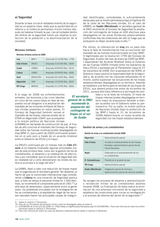 a) Seguridad                                                            dad identificadas, consideradas lo suficientemente
                                                                        serias para que la misión permanezca bajo el Capítulo VII
Durante la fase inicial el restablecimiento de la seguri-               de la carta de las Naciones Unidas. En el caso de
dad es un aspecto clave, dado que la posibilidad de un                  UNMIS, en Sudán (Meridional), el secretario general de
retorno a la violencia permanece mucho tiempo des-                      la ONU recomendó al Consejo de Seguridad la amplia-
pués de haberse firmado la paz. Las actividades dentro                  ción del contingente de tropas en 600 efectivos para
del ámbito de la seguridad tienen por objetivo la pro-                  desplegarlos en las zonas fronterizas potencialmente
tección de la población y la desmilitarización de la                    conflictivas tras las violaciones del alto el fuego que se
sociedad.                                                               produjeron en Abyei durante todo el año.11

                                                                           Por último, la intervención en Iraq dio un paso más
Misiones militares                                                         hacia la fase de transformación tras la conclusión del
                                                                           mandato de las fuerzas multinacionales en Iraq (MNF-
  Misiones militares activas en 2008
                                                                           I) legitimadas por la resolución 1790 del Consejo de
  Iraq              MNF-I            Concluida 31/12/08 (Res. 1790)        Seguridad. A partir del mes de enero de 2009 las MNF-
                                                                           I dependerán del Acuerdo Bilateral Sobre el Estatuto
  Côte d’Ivoire     ONUCI            Ampliada 31/01/09 (Res. 1826)
                                                                           de las Fuerzas (SOFA) firmado entre los Gobiernos de
  Sudán             UNMIS            Ampliada 30/04/09 (Res. 1812)         Iraq y EEUU y aprobado por el Parlamento iraquí el 27
                                                                           de noviembre de 2008. Con la aprobación del SOFA, el
  Liberia           UNMIL            Ampliada 30/09/09 (Res. 1836)
                                                                           Gobierno iraquí asumió la responsabilidad de la seguri-
  Haití             MINUSTAH         Ampliada 05/10/09 (Res. 1840)         dad y, de acuerdo con las cláusulas estipuladas en el
                                                                           mismo, podrá supervisar las actuaciones de las tropas
  Afganistán        ISAF             Ampliada 13/10/09 (Res. 1833)
                                                                           estadounidenses desplegadas en su territorio. Además
  RD Congo          MONUC            Ampliada 31/12/09 (Res. 1856)         se establece una fecha para la retirada de las tropas de
                                                                           EEUU, que deberá producirse antes de diciembre de
                                                                           2011, aunque sólo hace referencia a las tropas de com-
A lo largo de 2008 los enfrentamientos                                                    bate y no al resto de militares. El resto de
armados, las tensiones y las crisis latentes                      El secretario           tropas internacionales desplegadas en terri-
en cinco de los nueve casos en fase de res- general de la ONU torio iraquí se dispusieron también a reali-
puesta inicial obligaron a la ampliación del                     recomendó la             zar acuerdos con el Gobierno sobre su per-
mandato de las misiones militares de Nacio-                     ampliación del            manencia. Por su parte, la misión política
nes Unidas presentes en estos países. El                        contingente de            de Naciones Unidas (bajo la protección de
Consejo de Seguridad también renovó el                                                    las MNF-I hasta el 31 de diciembre de
mandato de las tropas internacionales de la                    tropas en el sur           2008) deberá buscar un nuevo acuerdo de
OTAN en Afganistán (ISAF) que acompañan                            de Sudán               seguridad con las tropas estadounidenses.
a la misión política de Naciones Unidas
(UNAMA) en las tareas de construcción de paz. A fina-
les de año concluía el mandato del Consejo de Seguri-                      Gestión de armas y ex combatientes
dad sobre las fuerzas multinacionales desplegadas en
Iraq (MNF-I), que a partir de 2009 continuarán presen-                       Gestión de armas y ex combatientes durante 2008
tes en el país pero a través de un acuerdo bilateral
                                                                             Afganistán              Desmovilización parcial
entre el Gobierno de EEUU y el iraquí.
                                                                         Côte d’Ivoire         Iniciado el acantonamiento de las Fuerzas
La ONUCI continuará por un tiempo más en Côte d’I-                                             Armadas y desmovilización parcial de las
voire al no haberse finalizado algunas actividades cla-                                        Forces Nouvelles
ves de esta primera fase, como son la gestión de los ex
                                                                         Nepal                 Estancado en el acantonamiento de los
combatientes, el desarme y la celebración de eleccio-
                                                                                               ex combatientes
nes y por considerar que la situación de seguridad aún
es inestable tal y como demostraron los brotes de vio-                   R. Centroafricana     Previsto en el acuerdo de paz
lencia ocurridos a lo largo del año.9
                                                                         RD Congo              Desmovilización parcial
La UNMIL llevó a cabo una reducción de tropas mayor                      Sudán (Meridional)    Integración parcial de milicias y
que la sugerida por el secretario general. No obstante, el                                     desmovilización parcial de menores soldados
hecho de que la comunidad internacional siga conside-
rando a Liberia en una situación de fragilidad explica
que, si bien se redujo el personal militar en 1.460 efec-               Se recogen los procesos de desarme y desmovilización
tivos, se incrementó el componente policial en 240.10 La                o reinserción militar de ex combatientes abiertos
alta tasa de desempleo, especialmente entre la gente                    durante 2008. La finalización de éstos marca la elimi-
joven, los problemas vinculados con la reintegración de                 nación de una amenaza inminente de la seguridad y
los ex combatientes y la explotación ilegal de los recur-               establece las condiciones para iniciar su reintegración
sos naturales fueron las principales causas de inseguri-                y el proceso de reforma del sector de la seguridad.12

9. Véase el capítulo 2 (Tensiones).
10. Para ver la cifra exacta del personal militar y policial desplegado véase el anexo II.
11. S/2008/485 de 23 de julio de 2008, en <http://www.un.org/Docs/journal/asp/ws.asp?m=S/2008/485>. Para más información sobre los enfren-
    tamientos véase el capítulo 2 (Tensiones).
12. Para más información sobre los casos de desarme y desmovilización véase el capítulo 6 (Desarme).



100 Alerta 2009
 
