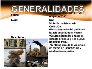20 de marzo de 2003 - 1 de
Fecha
            mayo de 2003
Lugar       Irak
            Victoria decisiva de la
            Coalición
            •Derrocamiento del gobierno
            baazista de Sadam Husein
            •Ocupación de Irak hasta el
Resultado
            establecimiento de un nuevo
            gobierno iraquí
            •Continuación de la violencia
            en forma de insurgencia y
            conflictos sectarios.
 