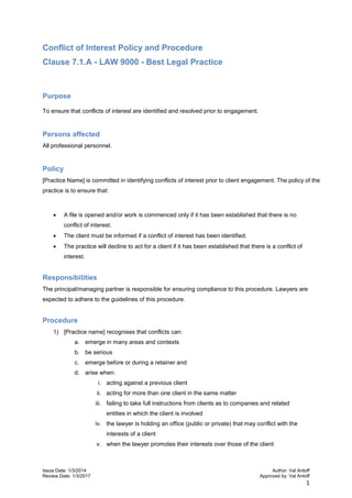 Issue Date: 1/3/2014 Author: Val Antoff
Review Date: 1/3/2017 Approved by: Val Antoff
1
Conflict of Interest Policy and Pr...