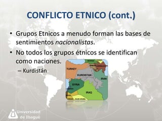 CONFLICTO ETNICO (cont.) 
• Grupos Etnicos a menudo forman las bases de 
sentimientos nacionalistas. 
• No todos los grupos étnicos se identifican 
como naciones. 
– Kurdistán 
 