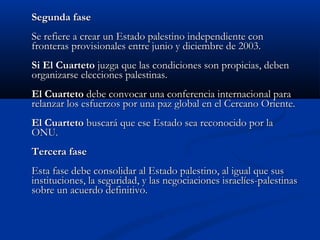 Segunda faseSegunda fase
Se refiere a crear un Estado palestino independiente conSe refiere a crear un Estado palestino independiente con
fronteras provisionales entre junio y diciembre de 2003.fronteras provisionales entre junio y diciembre de 2003.
Si El CuartetoSi El Cuarteto juzga que las condiciones son propicias, debenjuzga que las condiciones son propicias, deben
organizarse elecciones palestinas.organizarse elecciones palestinas.
El CuartetoEl Cuarteto debe convocar una conferencia internacional paradebe convocar una conferencia internacional para
relanzar los esfuerzos por una paz global en el Cercano Oriente.relanzar los esfuerzos por una paz global en el Cercano Oriente.
El CuartetoEl Cuarteto buscará que ese Estado sea reconocido por labuscará que ese Estado sea reconocido por la
ONU.ONU.
Tercera faseTercera fase
Esta fase debe consolidar al Estado palestino, al igual que susEsta fase debe consolidar al Estado palestino, al igual que sus
instituciones, la seguridad, y las negociaciones israelíes-palestinasinstituciones, la seguridad, y las negociaciones israelíes-palestinas
sobre un acuerdo definitivo.sobre un acuerdo definitivo.
 