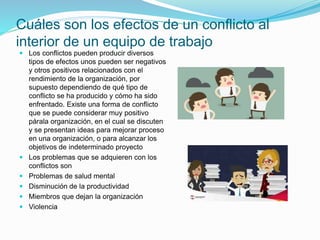 Cuáles son los efectos de un conflicto al
interior de un equipo de trabajo
 Los conflictos pueden producir diversos
tipos de efectos unos pueden ser negativos
y otros positivos relacionados con el
rendimiento de la organización, por
supuesto dependiendo de qué tipo de
conflicto se ha producido y cómo ha sido
enfrentado. Existe una forma de conflicto
que se puede considerar muy positivo
párala organización, en el cual se discuten
y se presentan ideas para mejorar proceso
en una organización, o para alcanzar los
objetivos de indeterminado proyecto
 Los problemas que se adquieren con los
conflictos son
 Problemas de salud mental
 Disminución de la productividad
 Miembros que dejan la organización
 Violencia
 