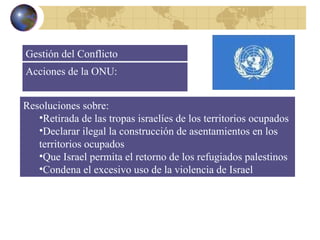 Gestión del Conflicto <ul><li>Resoluciones sobre: </li></ul><ul><ul><li>Retirada de las tropas israelíes de los territorio...