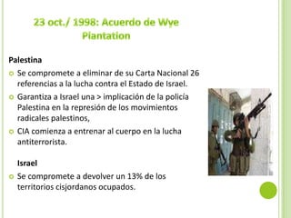 Palestina
 Se compromete a eliminar de su Carta Nacional 26
  referencias a la lucha contra el Estado de Israel.
 Garantiza a Israel una > implicación de la policía
  Palestina en la represión de los movimientos
  radicales palestinos,
 CIA comienza a entrenar al cuerpo en la lucha
  antiterrorista.

    Israel
   Se compromete a devolver un 13% de los
    territorios cisjordanos ocupados.
 