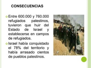 CONSECUENCIAS

 Entre  600.000 y 760.000
  refugiados    palestinos,
  tuvieron que huir del
  Estado de Israel y
  establecerse en campos
  de refugiados.
 Israel había conquistado
  el 78% del territorio y
  había arrasado cientos
  de pueblos palestinos.
 